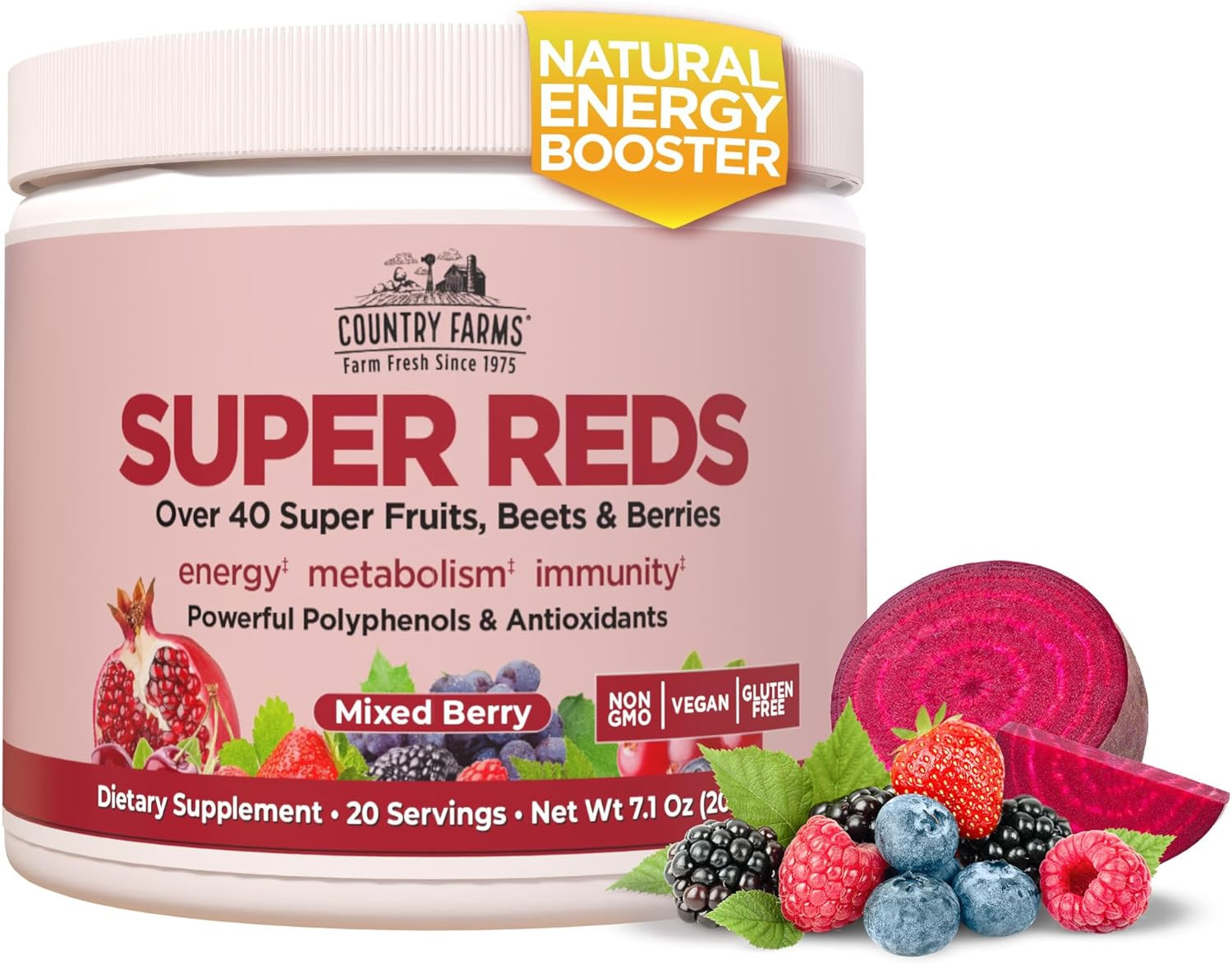 Country Farms Super Reds Antioxidant Drink Mix 7.1Oz Berry Flavor 20 Servings