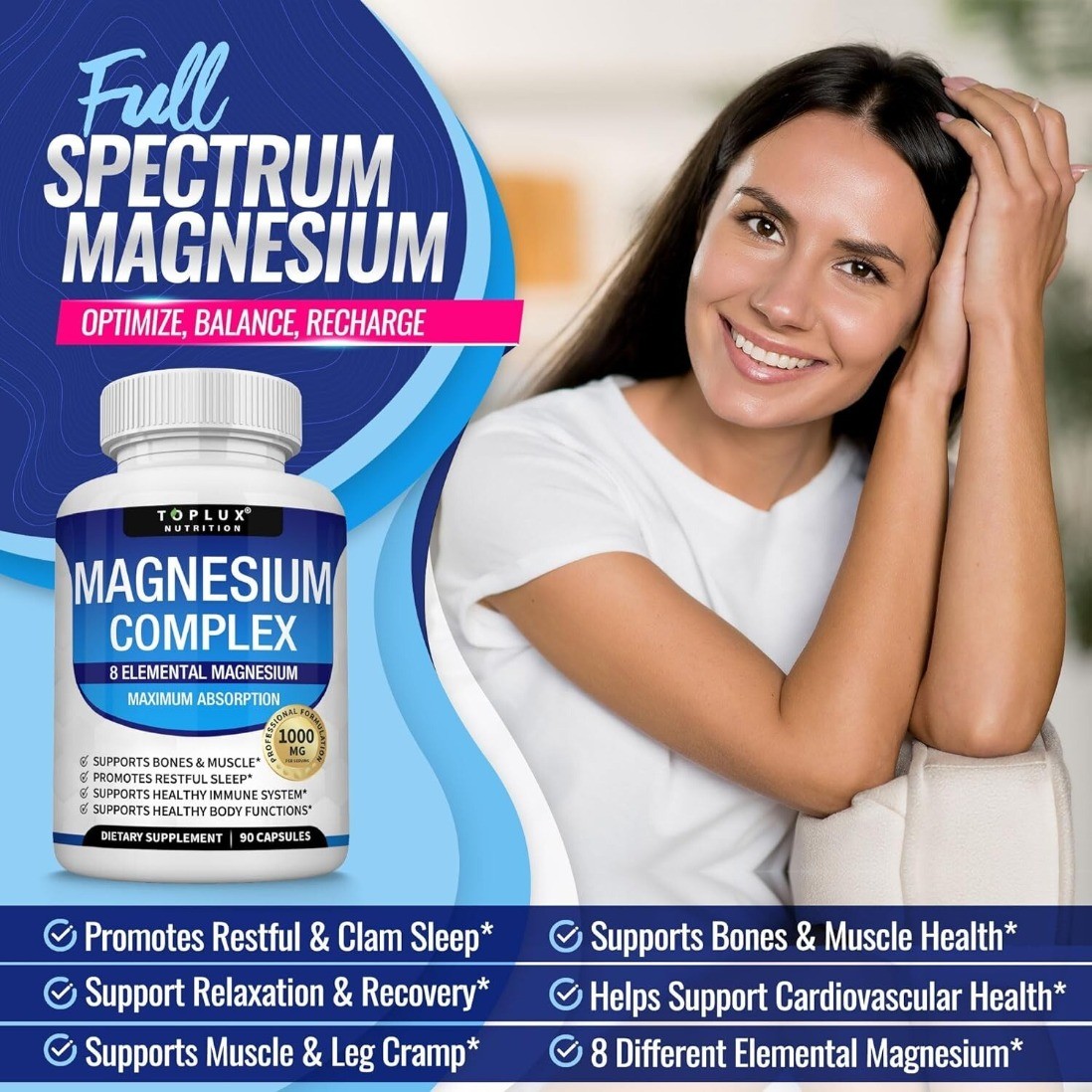 Magnesium Complex 1000mg, 8 Elemental Magnesium 90 Capsules Gluten Free- Non-GMO