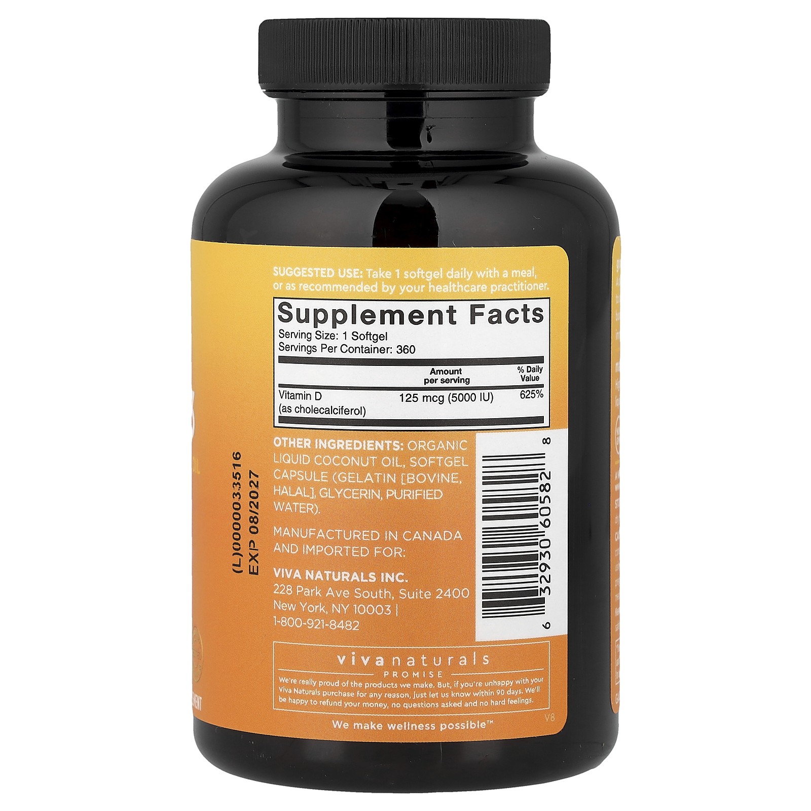Vitamin D3 with Organic Liquid Coconut Oil, High-Potency, 5,000 IU, 360 Softgels