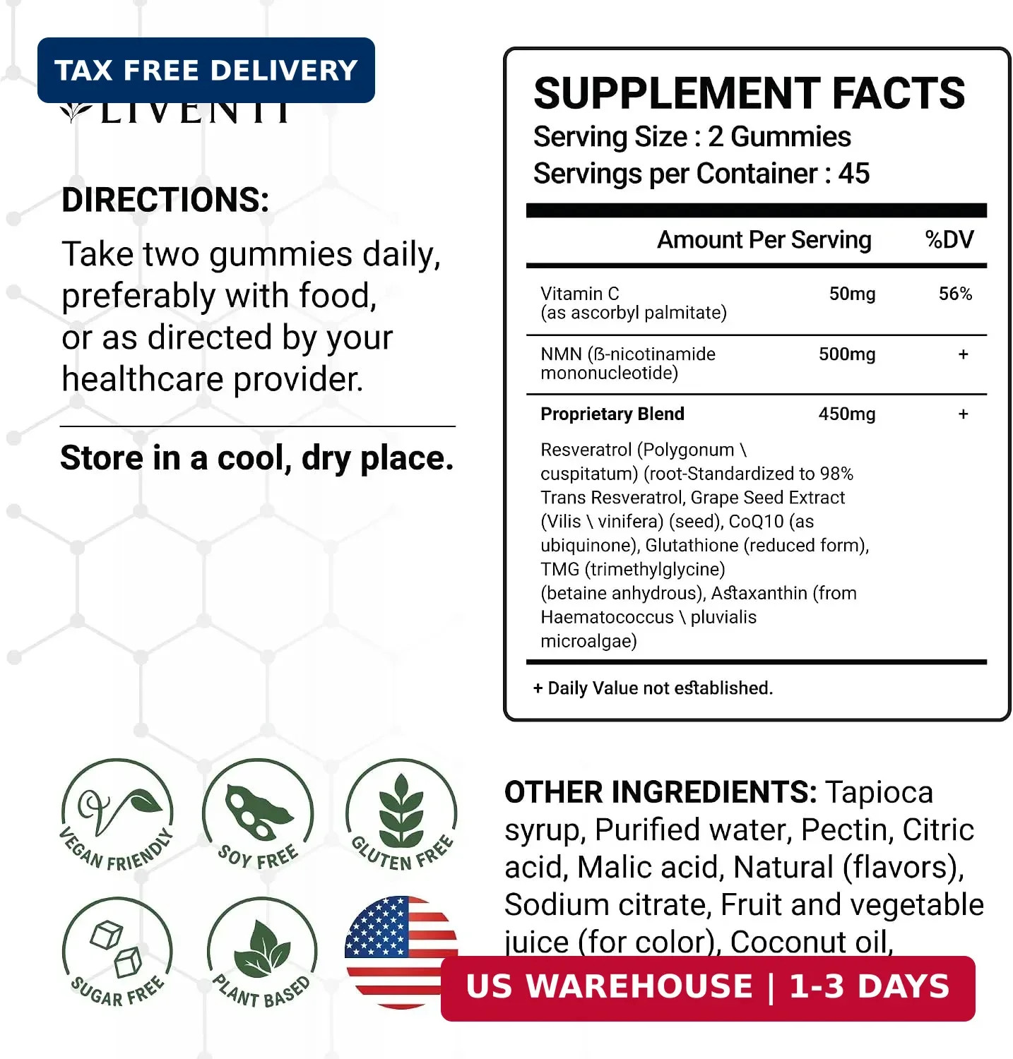 1000mg Resveratrol CoQ10 TMG Gummies Quercetin Healthy Aging Supplement 90 Count