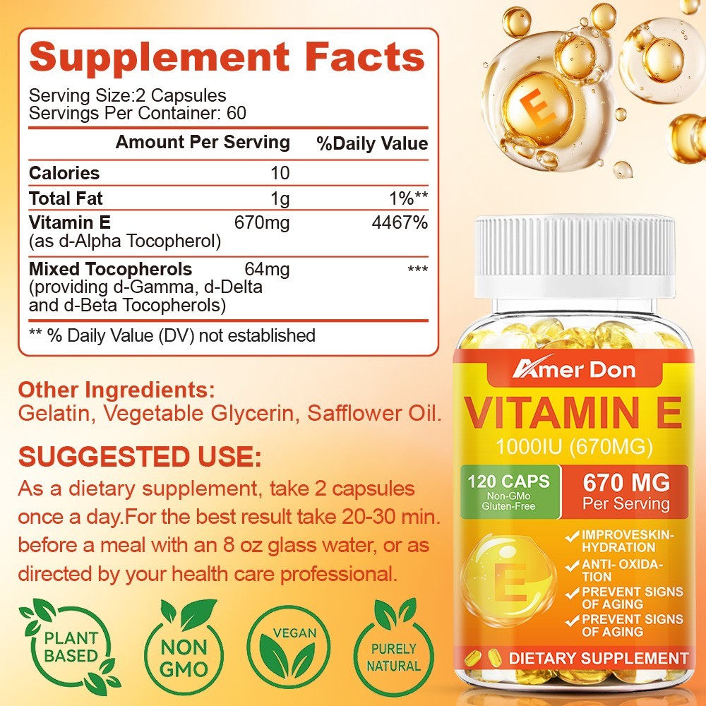 Vitamin E 1000 Iu 670mg Capsules – Supports Skin, Hair, Immune and Eye Health