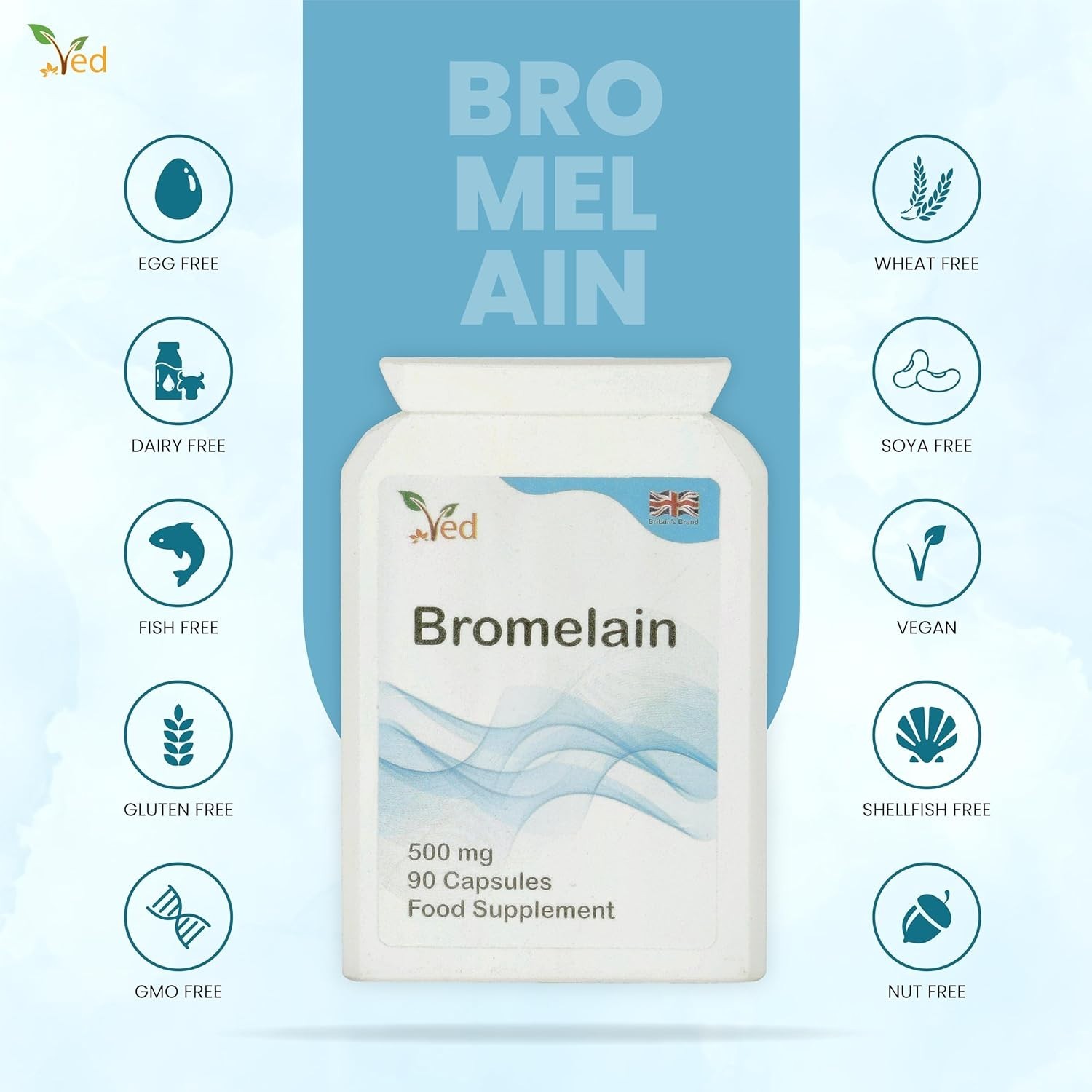 Ved Bromelain Capsule High Strength 3000 GDU/g 500mg per Capsule, Naturally Deri