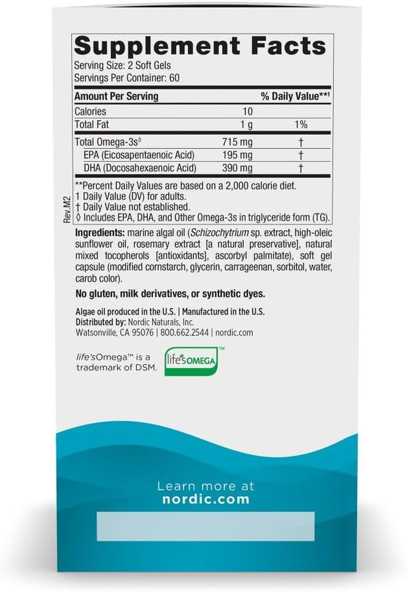 Nordic Naturals Algae Omega, 715Mg Vegan EPA+DHA, Plant-Based – 120 Count | EPA+