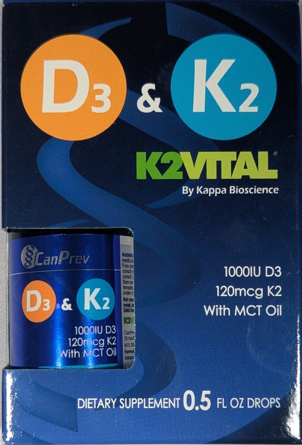 CanPrev D3 & K2 Drops – 1000 IU D3, 120mcg K2 with MCT Oil – 0.5 oz.