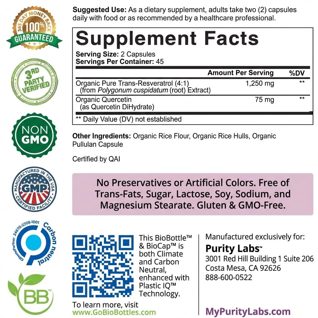 Purity Labs Pure Organic Trans Resveratrol Supplement with Quercetin, Vegan