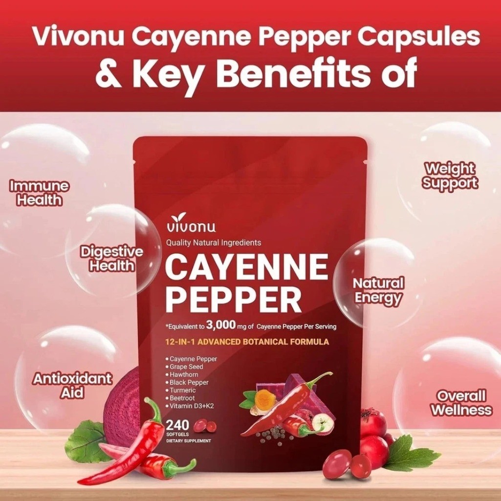 Vivonu 12-in-1 Blend Cayenne Pepper D3 K2 Grape Seed Softgels Supplement