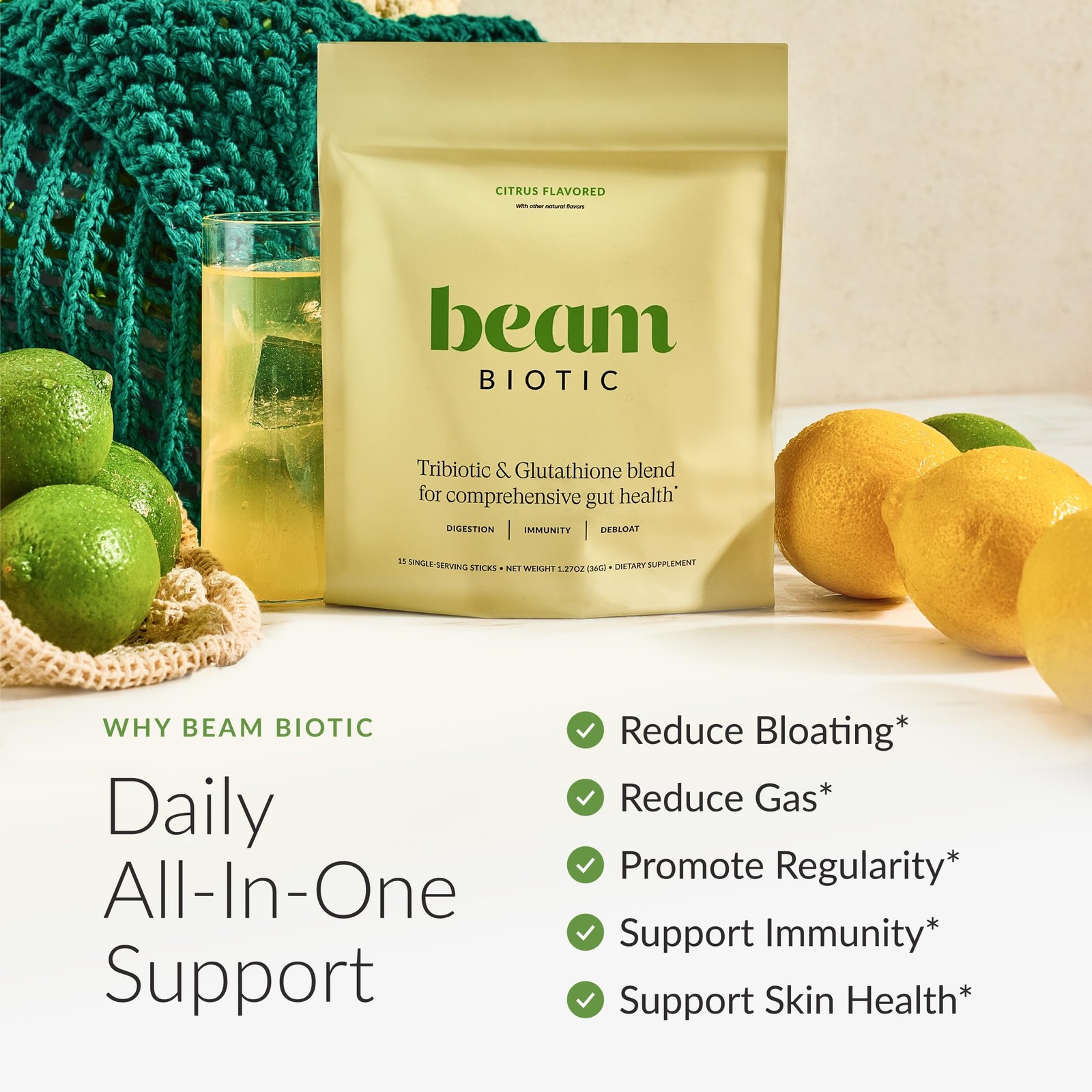 Beam Biotic Probiotics Powder Gut Health 15 Servings Citrus Flavor