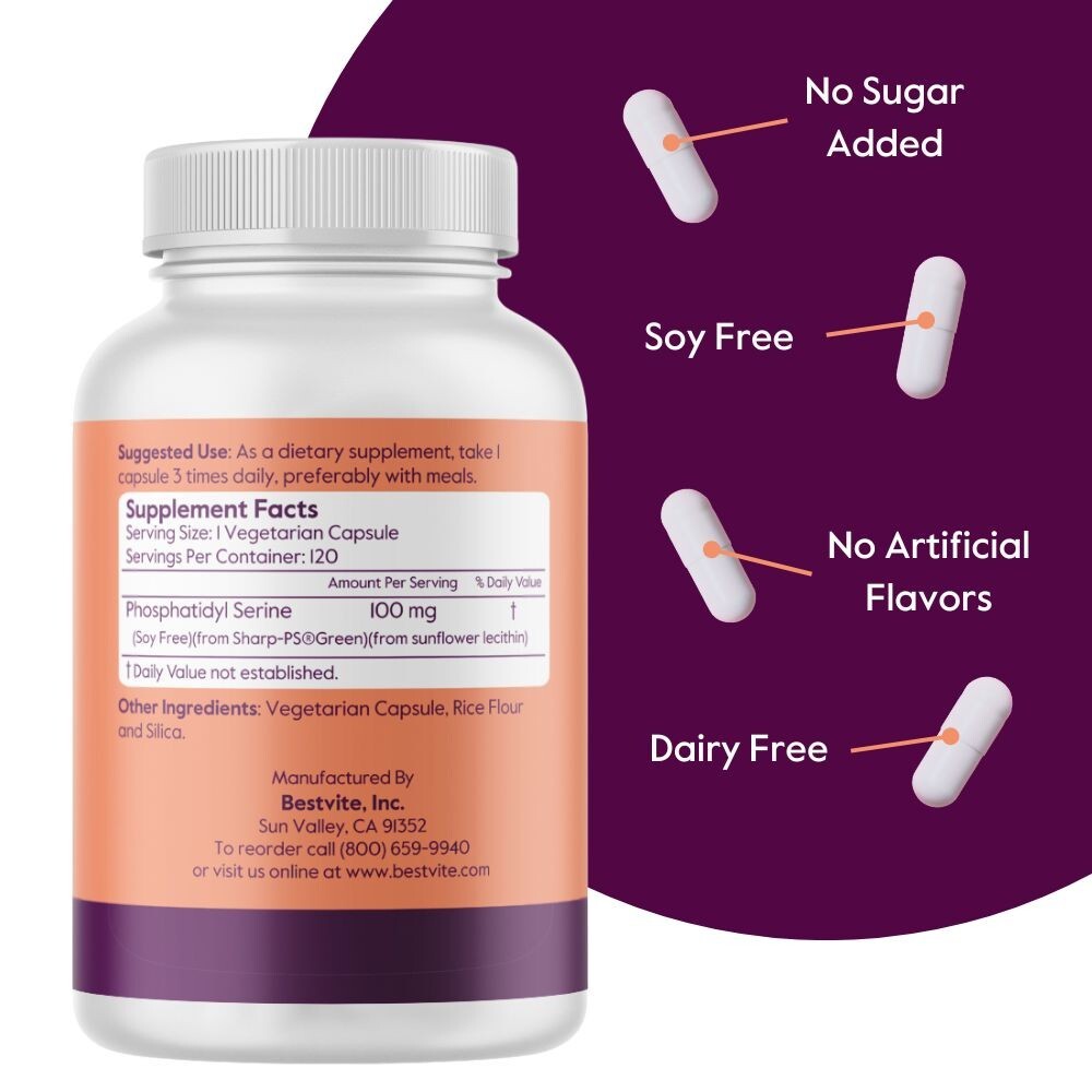 Phosphatidylserine 100mg (120 Vegetarian Capsules)-Vegan-Gluten Free-Non GMO