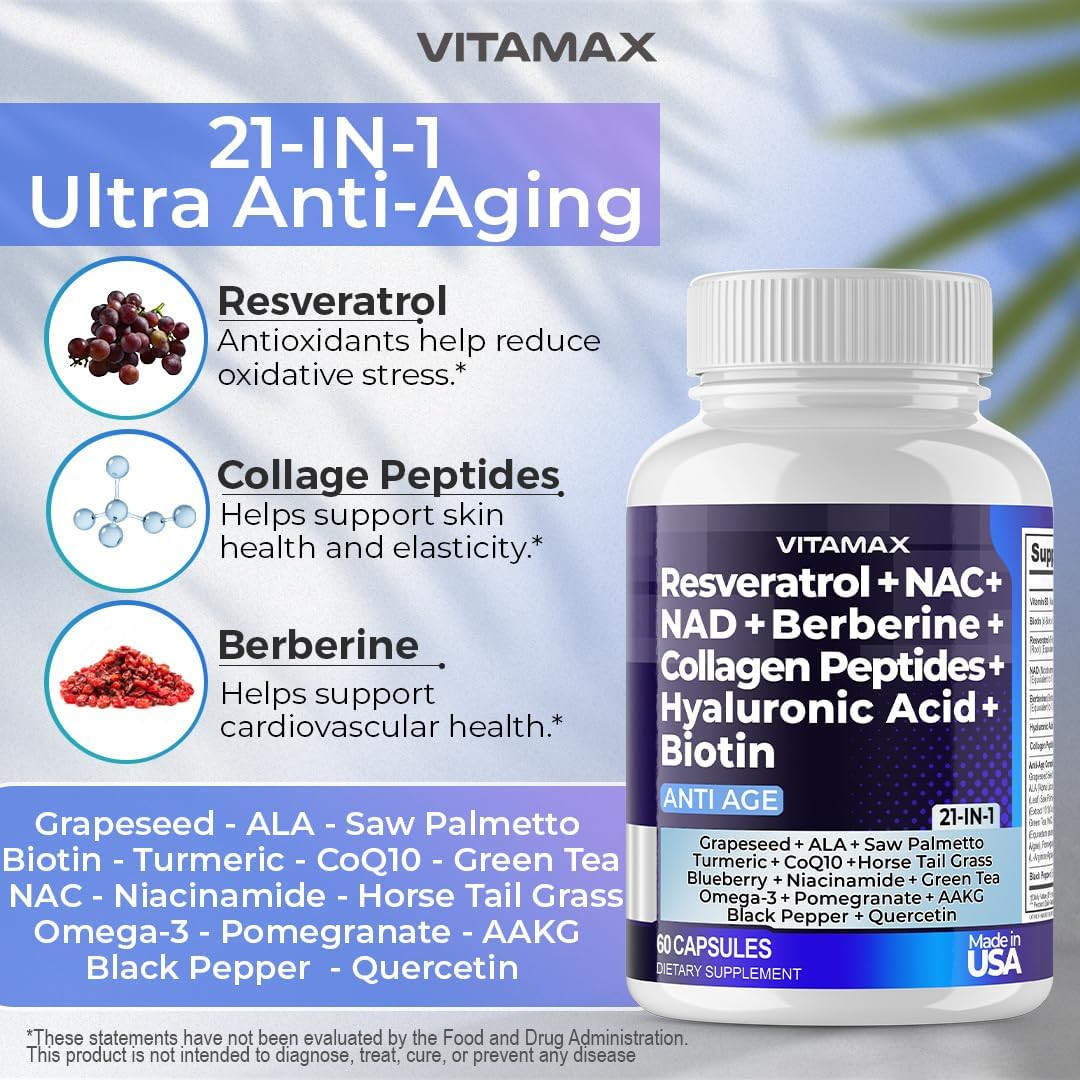 Resveratrol NAD+ Berberine Hyaluronic Acid – Biotin Grape & Blueberry + NAC – Co