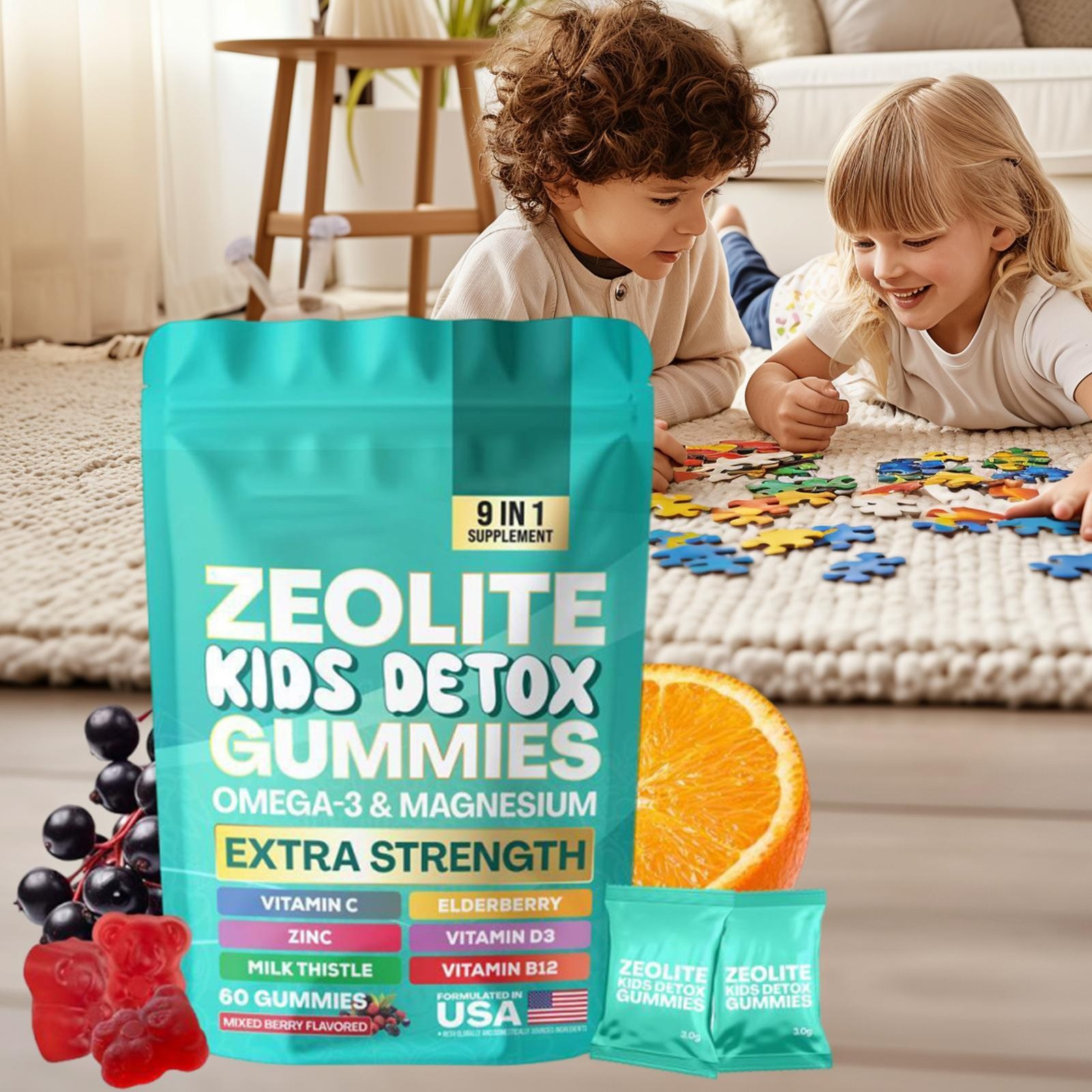 60 PCS Zeolite Kids Detox Gummies Mixed Body Flavored All-in-One Berry Cleans…