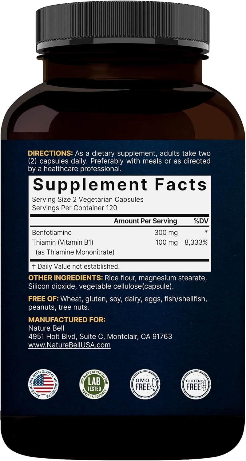 NatureBell Benfotiamine 300mg with Thiamine 100mg Per Serving | 240 Capsules