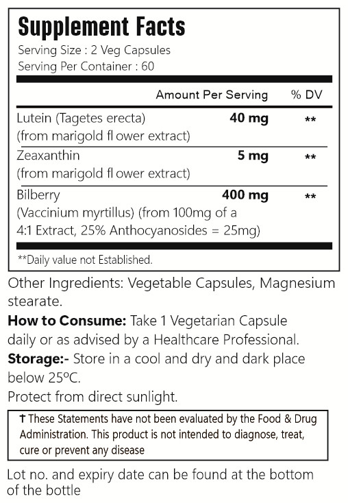 Lutein 40mg with Zeaxanthin Bilberry 400mg Eye Health Support Supplement, 120Cap