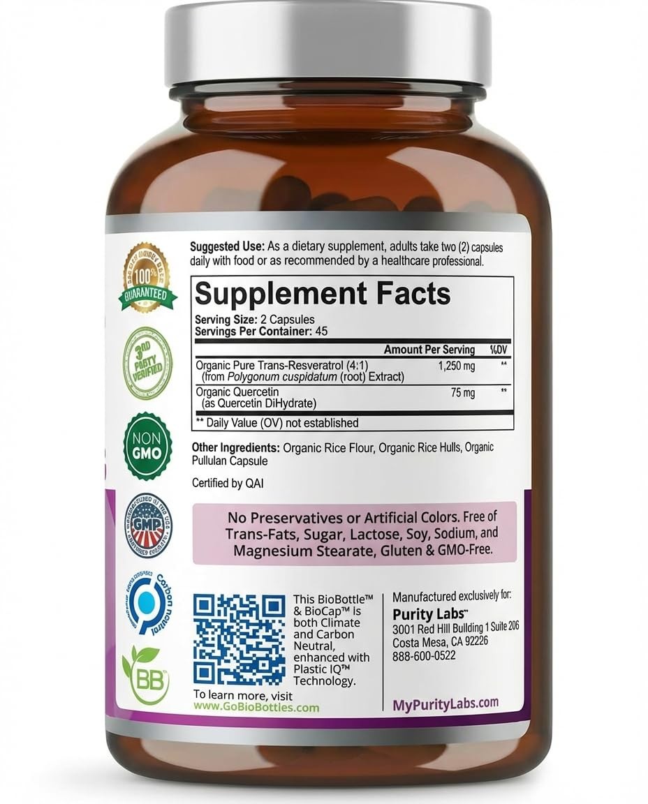 Purity Labs Pure Organic Trans Resveratrol Supplement with Quercetin, Vegan