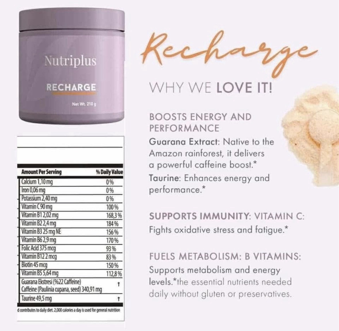 Nutriplus Recharge Powder Guarana, Taurine, Vitamins Vegan Gluten-Free 210g
