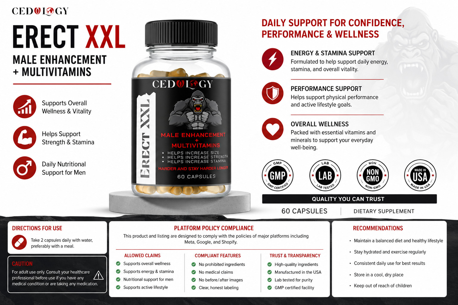 Cedulogy ERECT XXL Men’s Daily Wellness Supplement with Multivitamins 60 Capsule