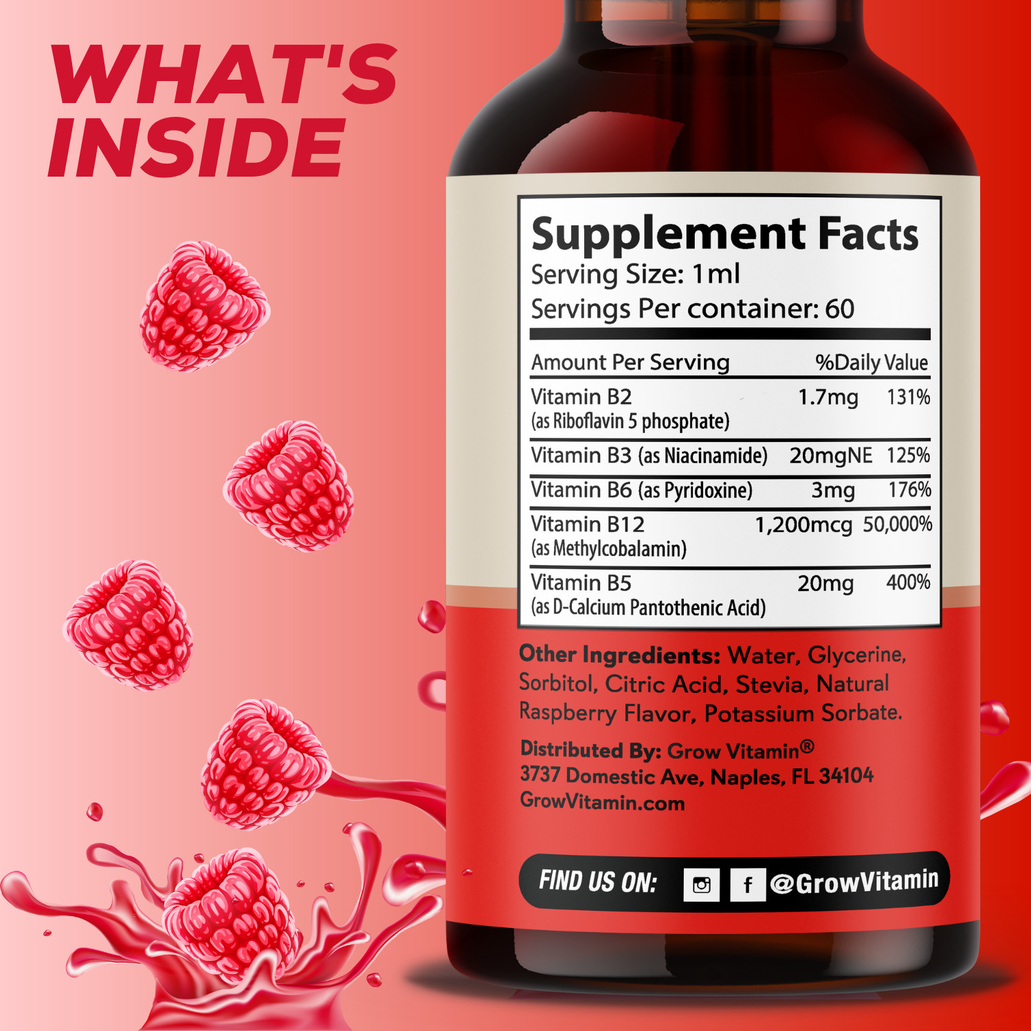 Vegan Vitamin B12 Sublingual Liquid Drops by Grow Vitamin NATURAL CHERRY FLAVOR