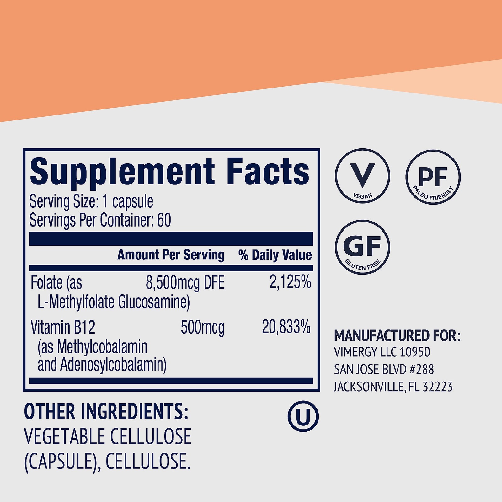 Vimergy 5MTHF Capsules – 60 Servings 1 Capsule/Serving 8500mcg LMethylfolate …