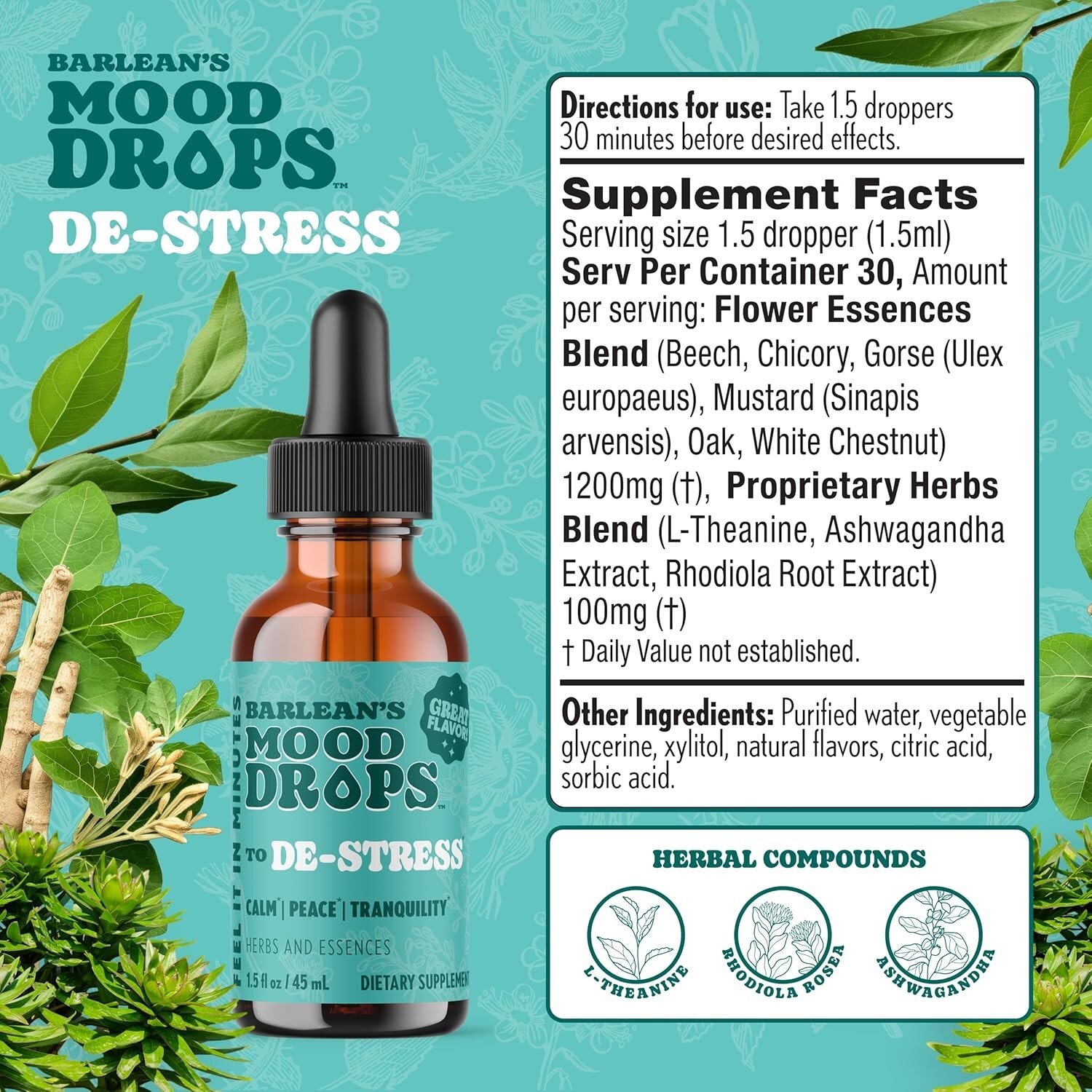 Barlean’s Mood Drops De-Stress 1.5 fl oz Herbal Passionflower Flower Essences
