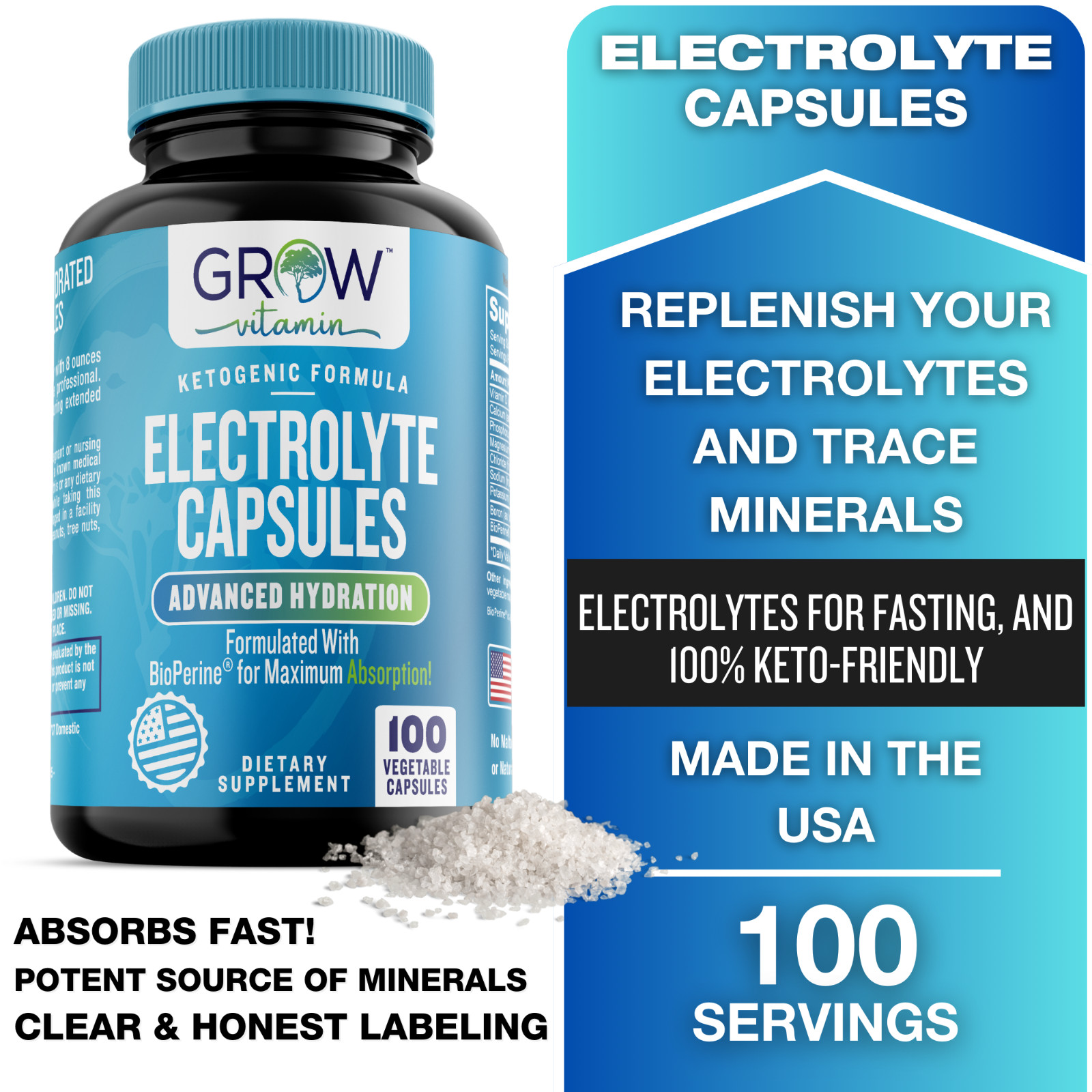 Grow Vitamin Electrolyte Complex Advanced Hydration with BioPerine® 100 Capsules