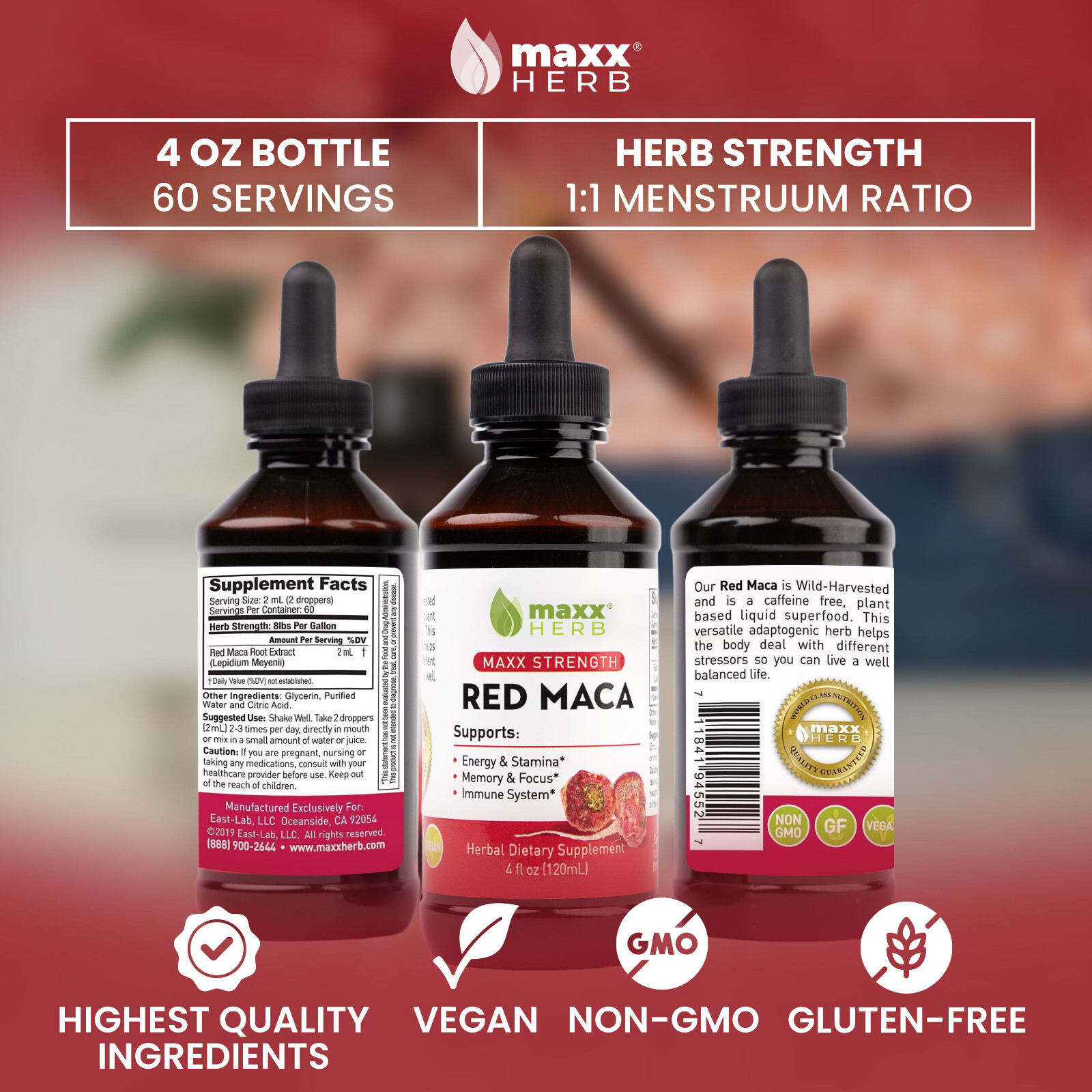 Maxx Herb Red Maca Root Extract Liquid for Energy, Stamina, Memory & Focus, 4oz
