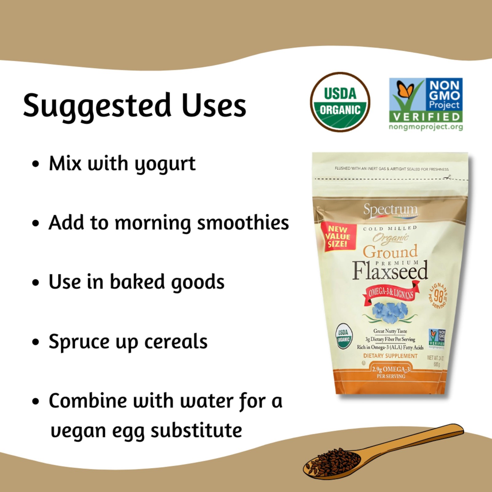 Spectrum Essentials Organic Ground Flaxseed, 24 Ounce (Pack of 1)