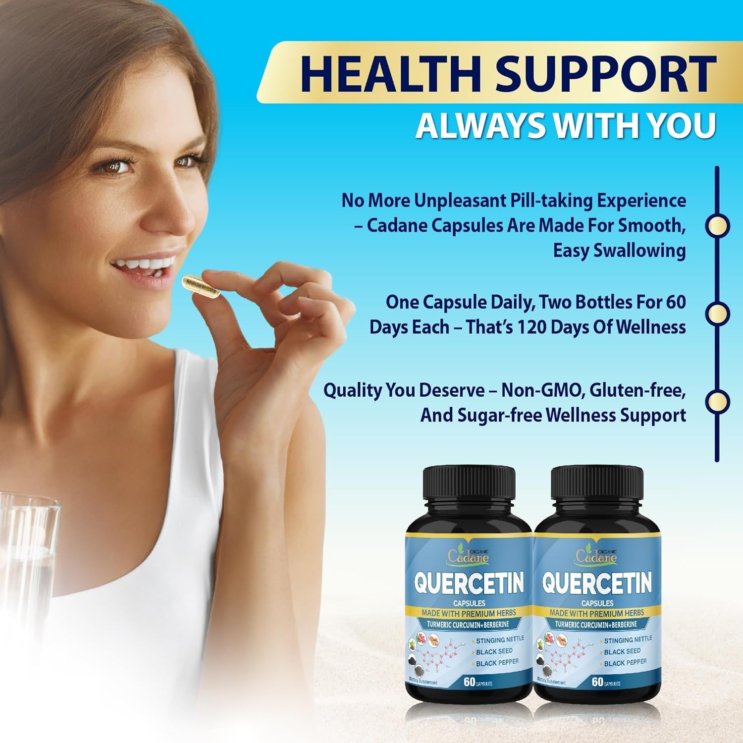 Cadane Organic Quercetin – 60 Capsules Each Bottle – Exp 9/2027