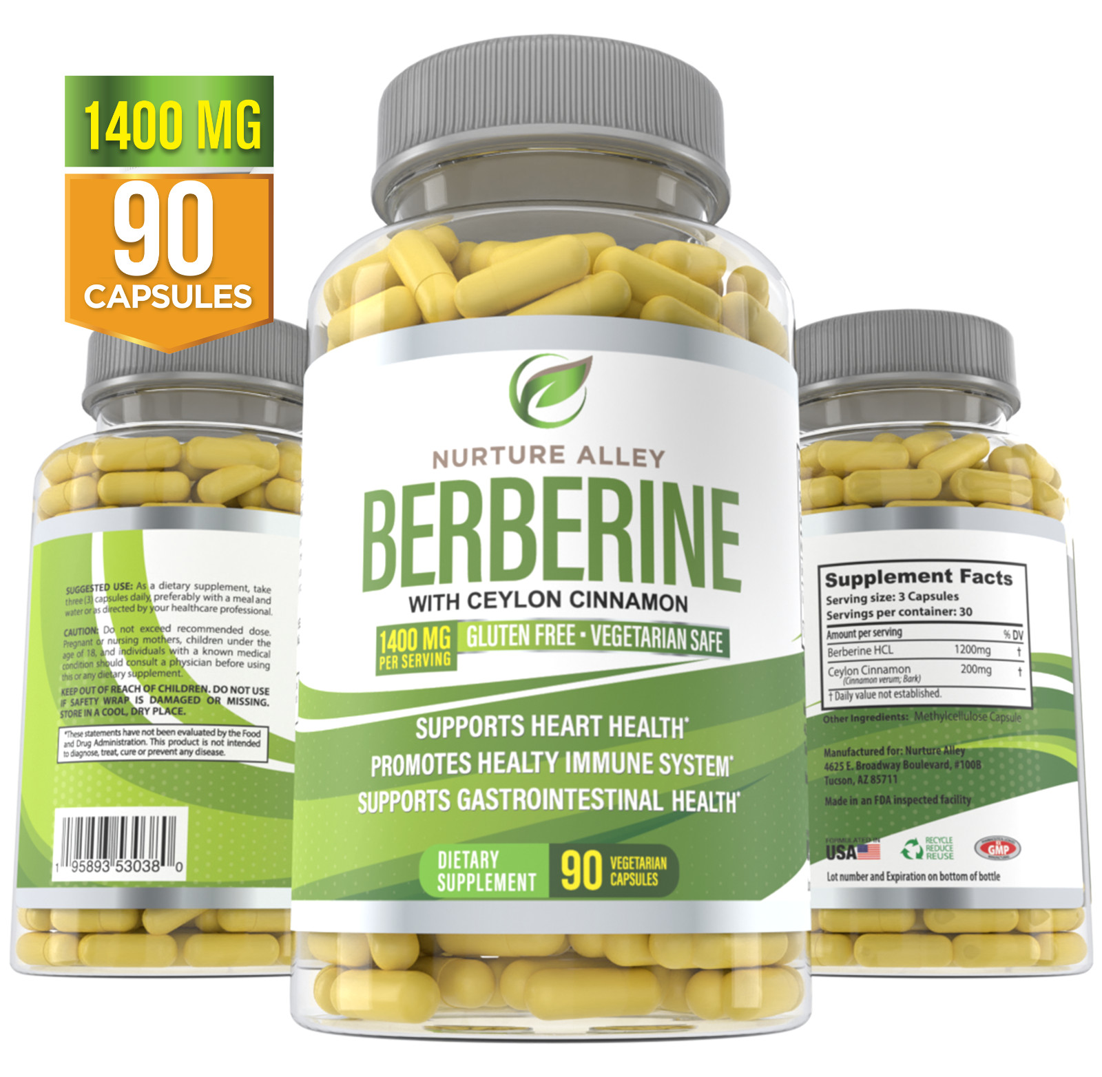 Nurture Alley Premium Berberine HCL 1400mg Plus Organic Ceylon Cinnamon 90 Caps