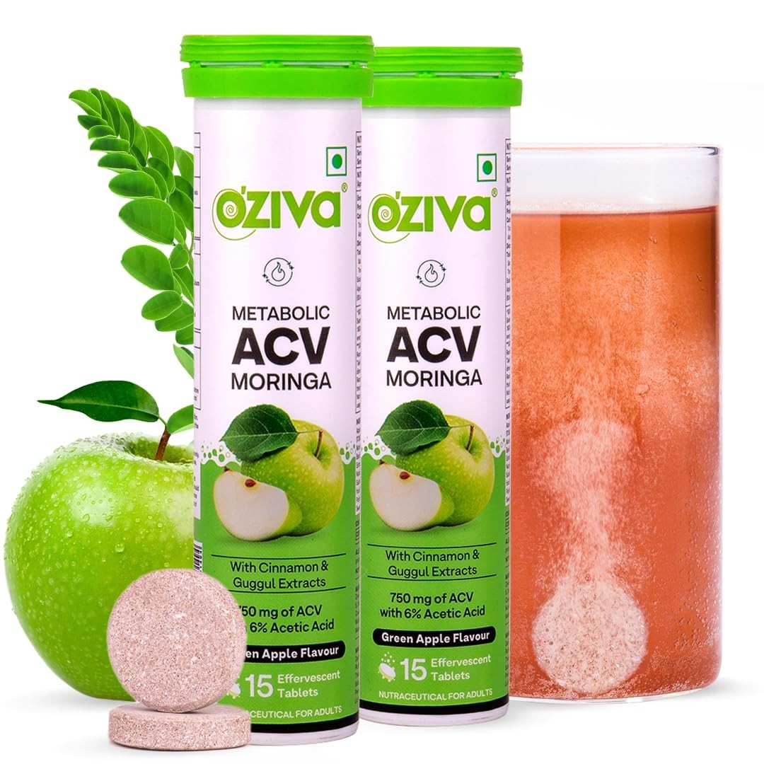 OZiva ACV Moringa Effervescent Tablets Pack of 2 Green Apple 30 Tablets