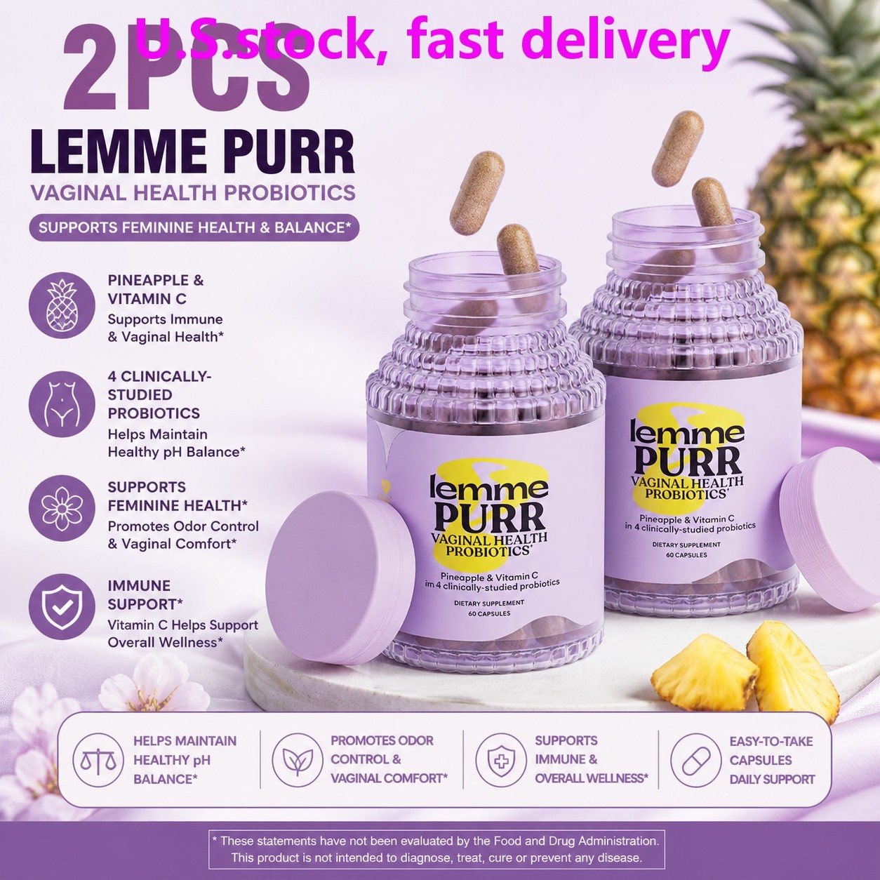 Lemme Purr Vaginal Probiotic Capsules for Women-Balanced pH,Healthy Odor120Ct