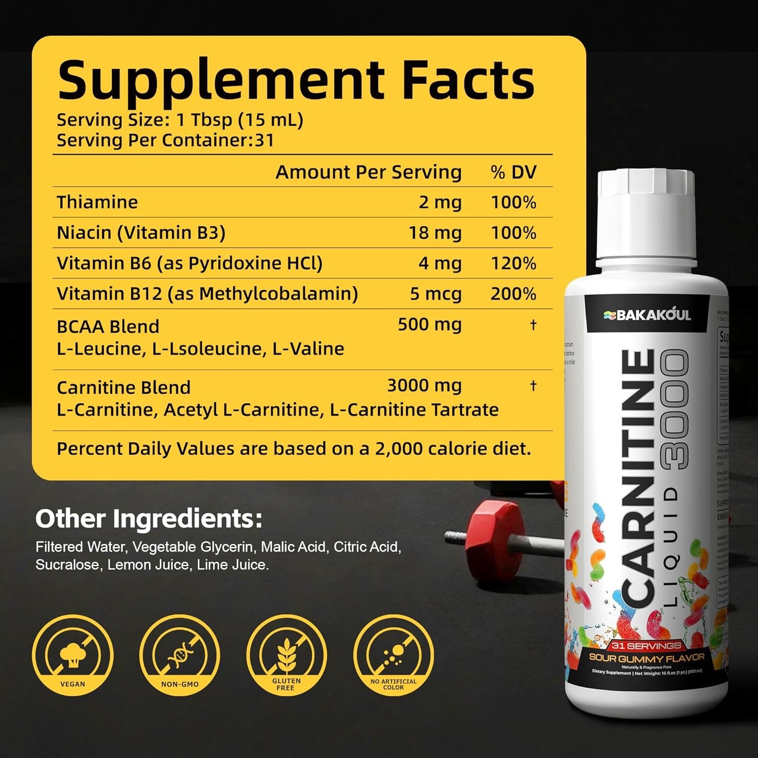 L Carnitine Supplement Liquid 3000 mg, with BCAA Sports Supplements, Help Suppor