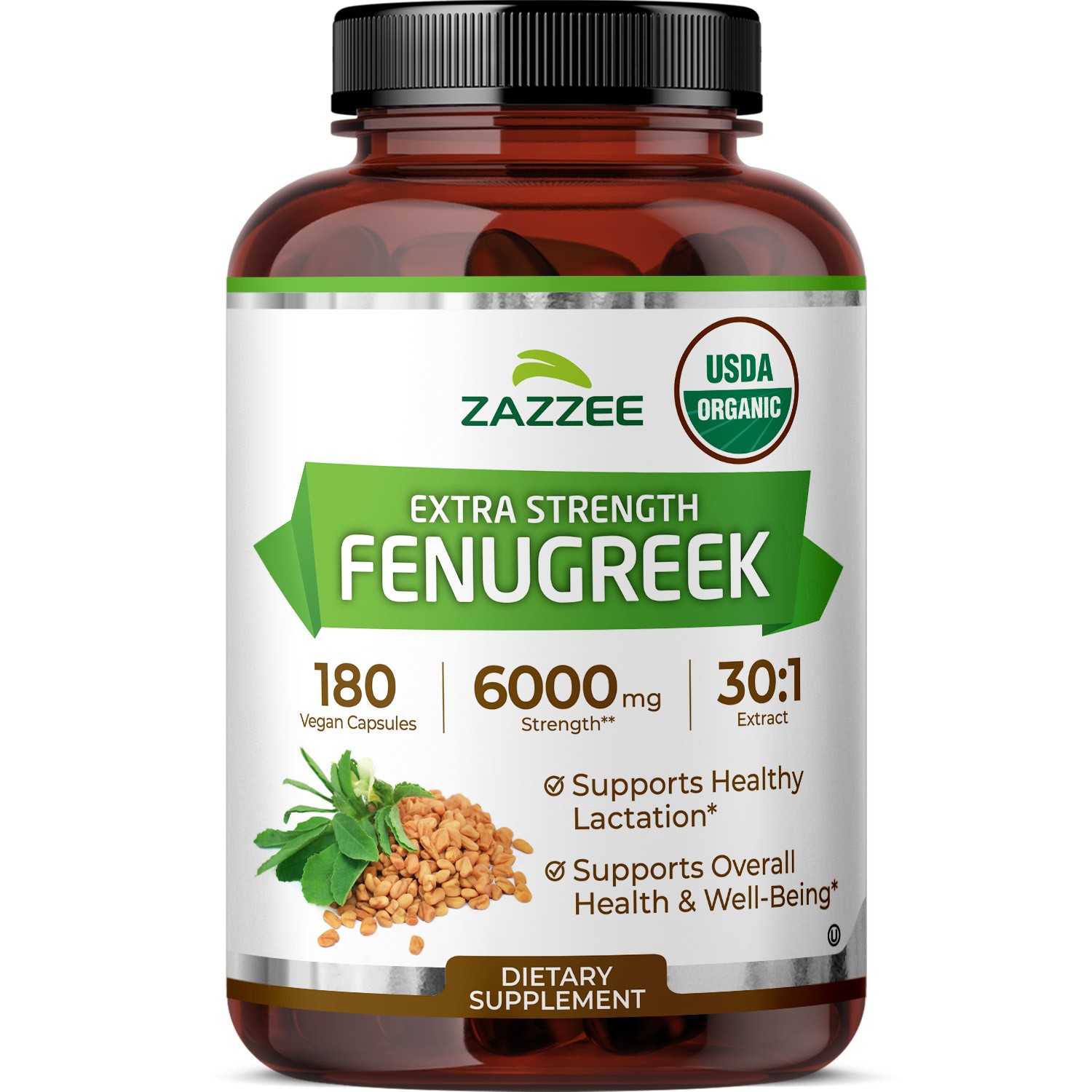 Zazzee USDA Organic Fenugreek 30:1 Extract, 180 Vegan Capsules, 6 Month Supply,