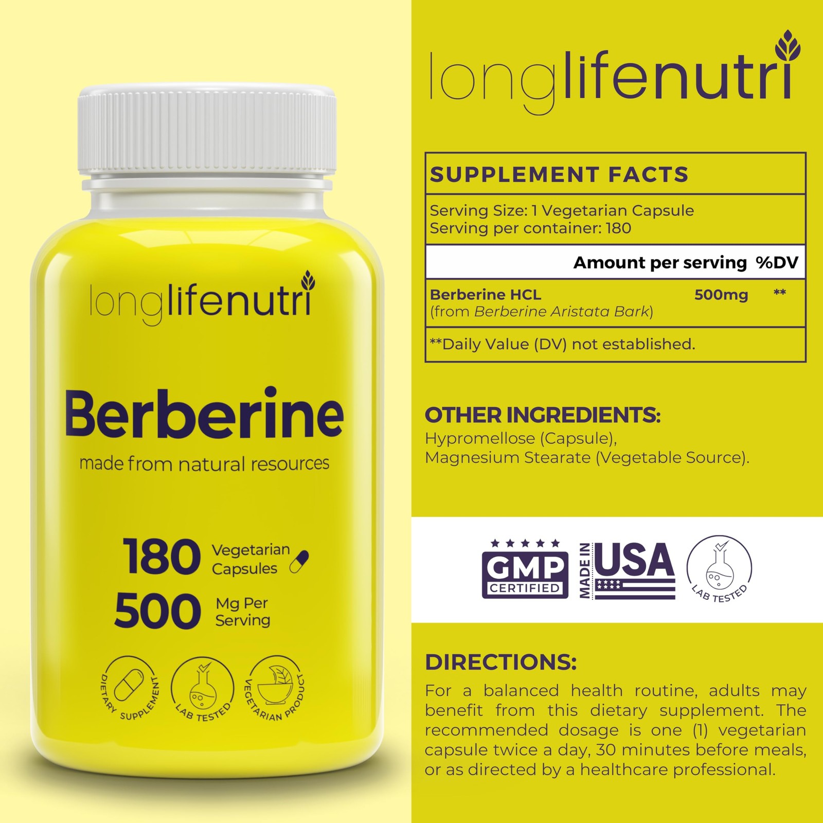 Berberine 500mg HCL Extract – from Berberis 180 Count (Pack of 1), Yellow