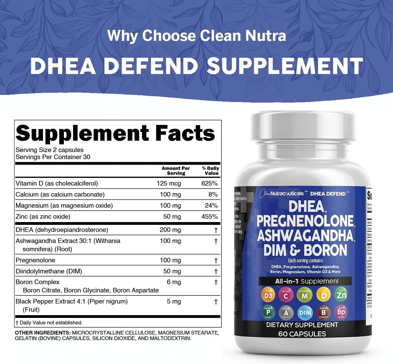 DHEA 200Mg Supplement Pregnenolone 100Mg for Men & Women with DIM Ashwagandha Bo