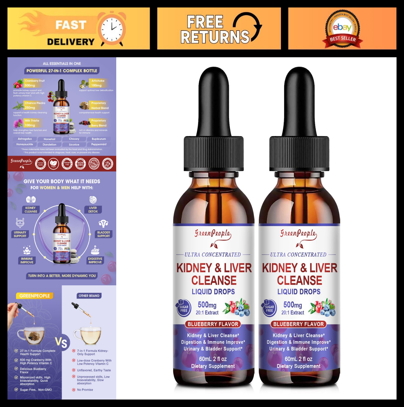 Kidney & Liver Cleanse Detox Drops – 2 Oz, 2 Pack | Alcohol-Free 27-in-1 Supplem