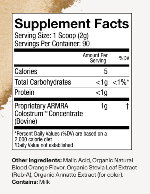NIB ARMRA Colostrum Immune-Superfood Powder-Blood Orange-Jar-180 g-90 serv-8/26