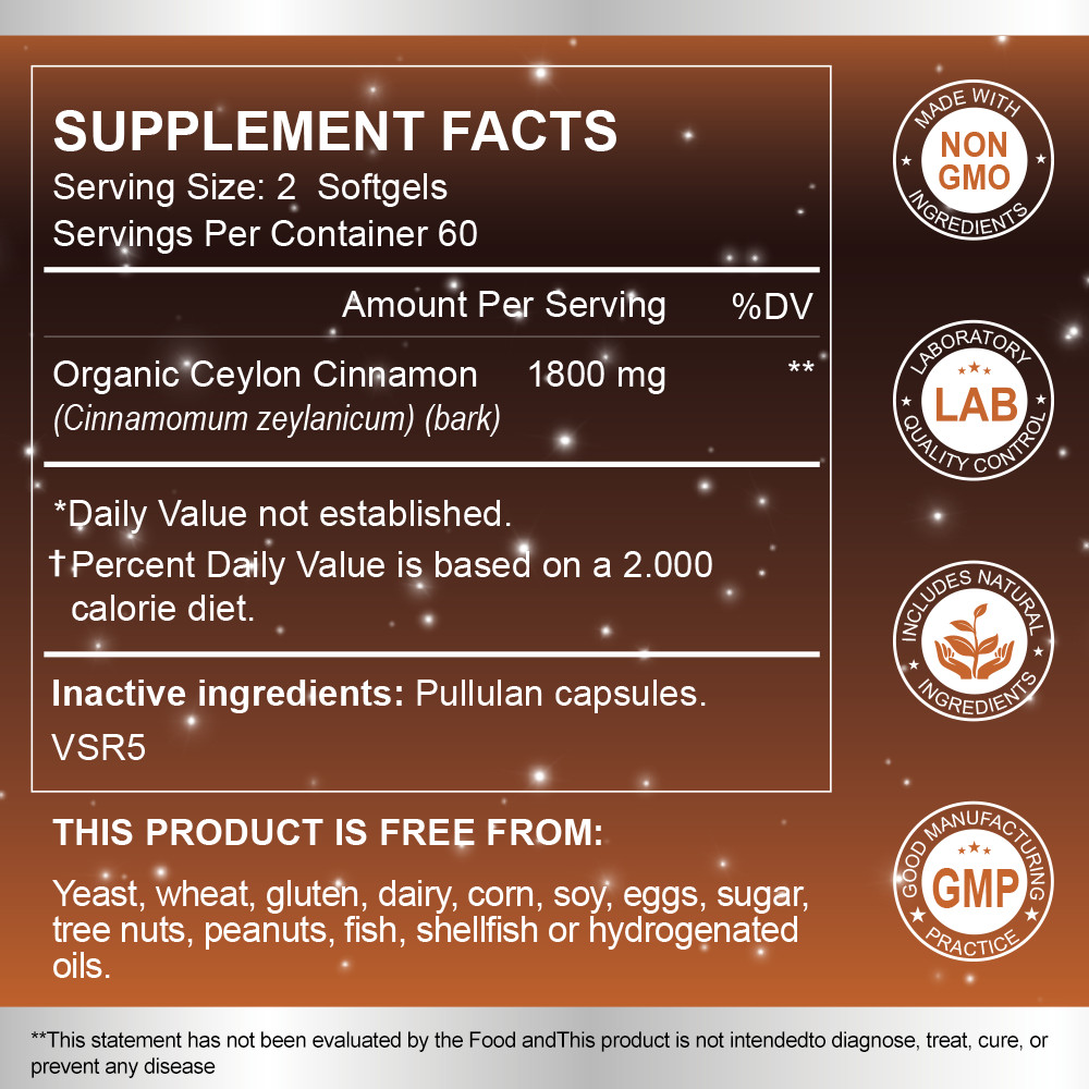 120 Ceylon Cinnamon Capsules 1800mg | Heart Health & Blood Sugar Support Non-GMO