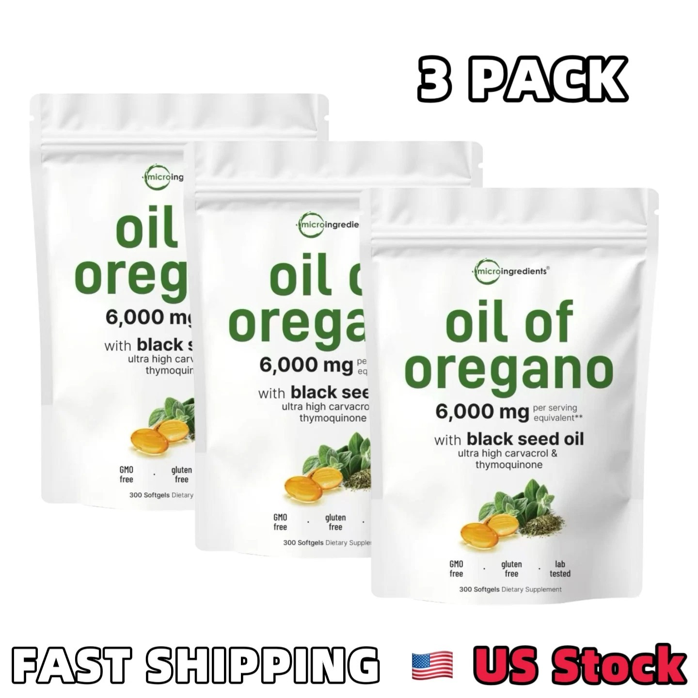 3 Pack Oil of Oregano with Black Seed Oil, 300 Softgels Fresh Microingredients.