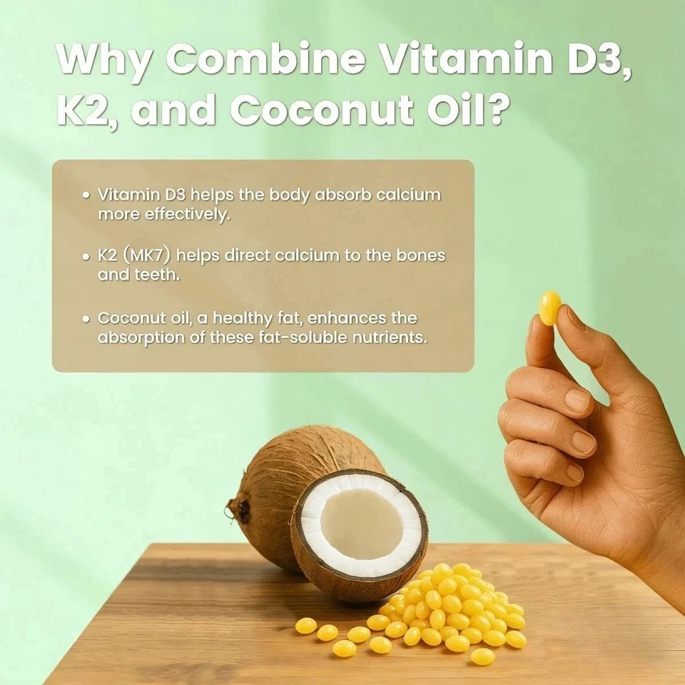 VEV D3 K2 2-in-1 Vitamin Support 300 Ct-10000 IU Softgels with Coconut Oil,