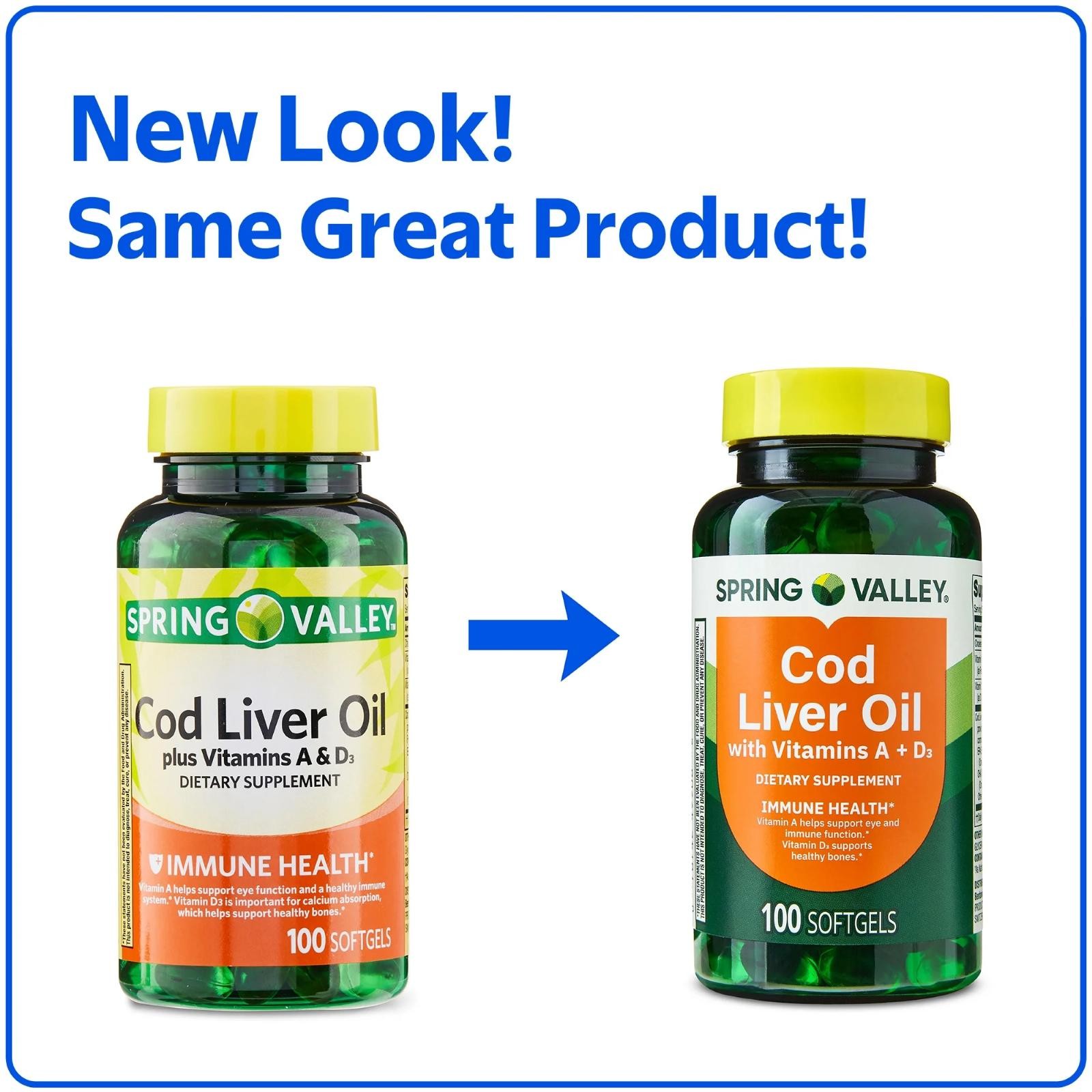 Spring Valley Cod Liver Oil Vitamins A & D3 Bone Skin Health Vision 100 Softgels