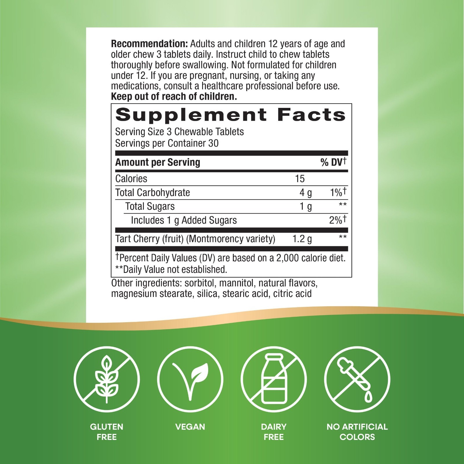 Tart Cherry Chewable Tablets 1200mg – 90 Count, Antioxidant Support, Vegan, Glut