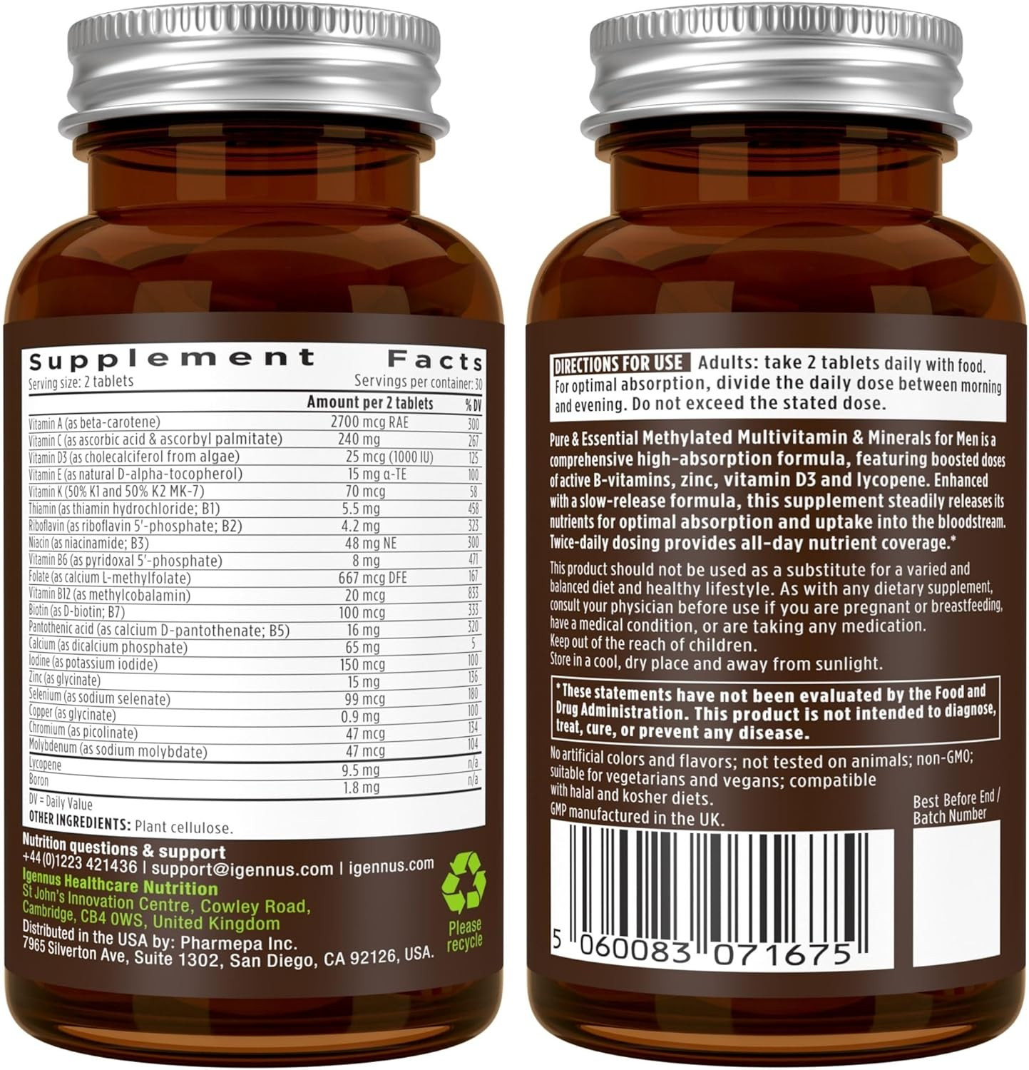 Igennus Methylated Men’S Multivitamin with 22 Actives, All-Day Nutrient Delivery