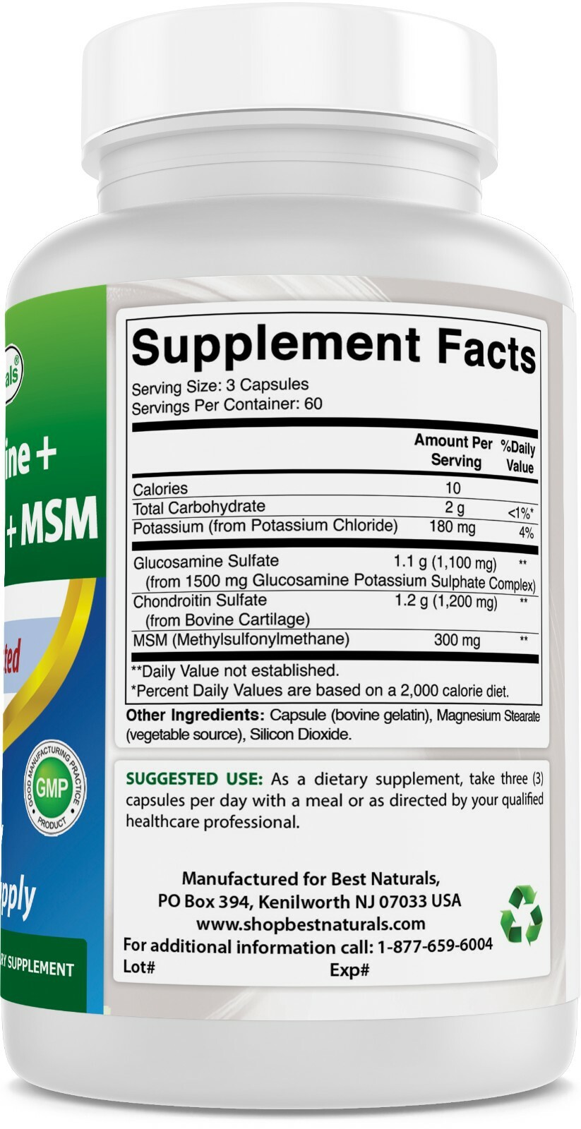 3 Pack Best Naturals Glucosamine Chondroitin MSM 180 Capsules