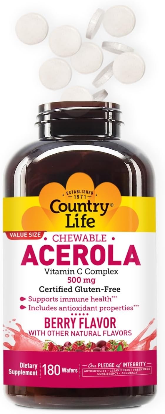 Country Life Chewable Acerola – Vitamin C Complex (500mg) Berry 180 Wafers