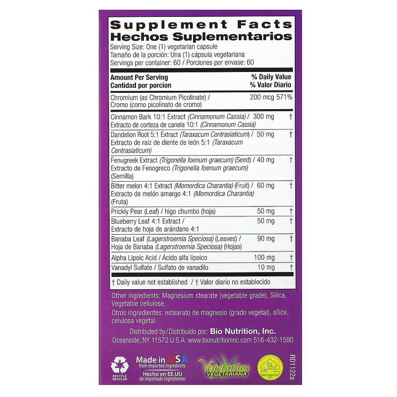 Bio Nutrition – Blood Sugar Wellness 60 Vegetarian Capsules EXP:09/26