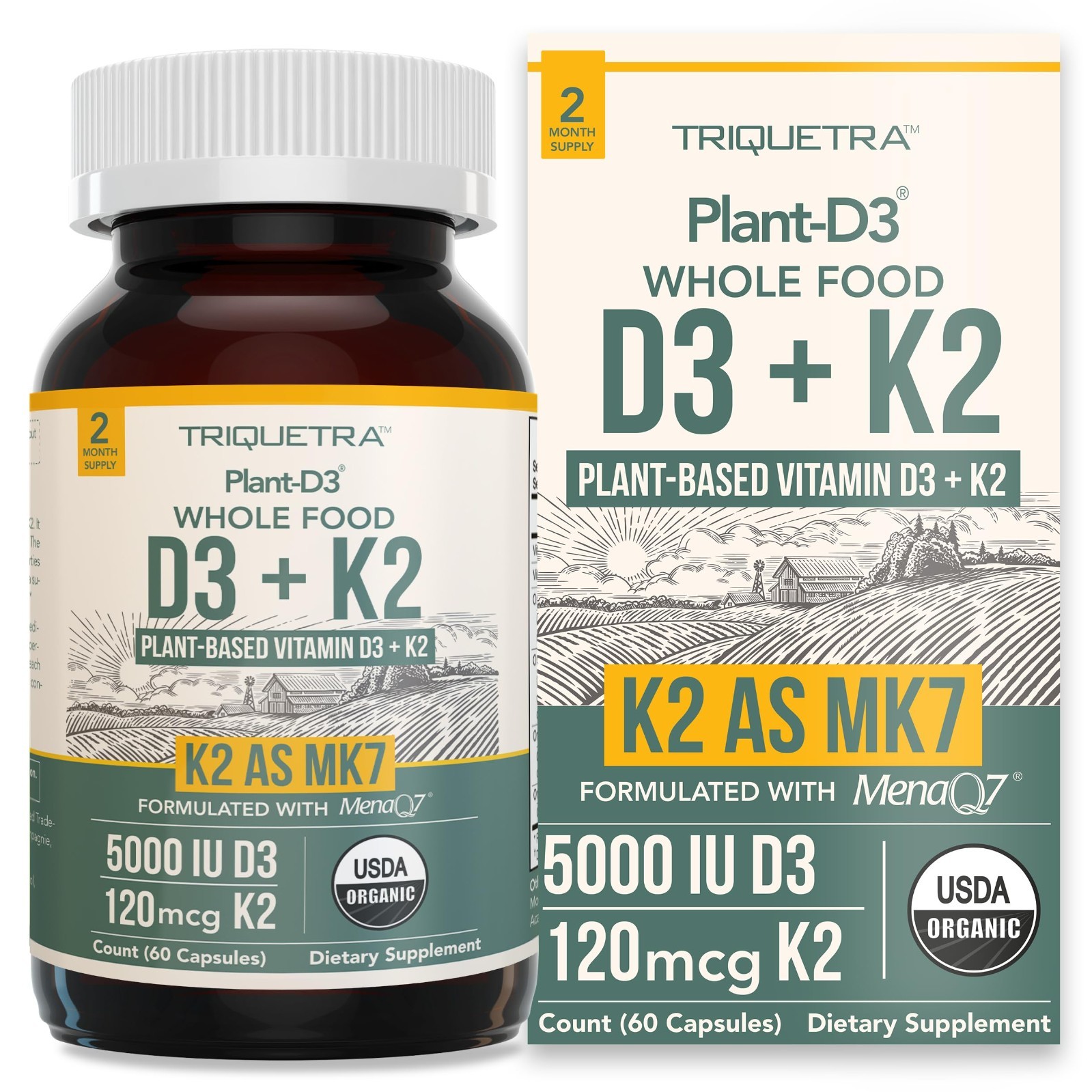 Organic D3 + K2 Supplements | 5000 IU Vitamin D3 & 120 mcg K2 MK7 | Vegan, Raw,