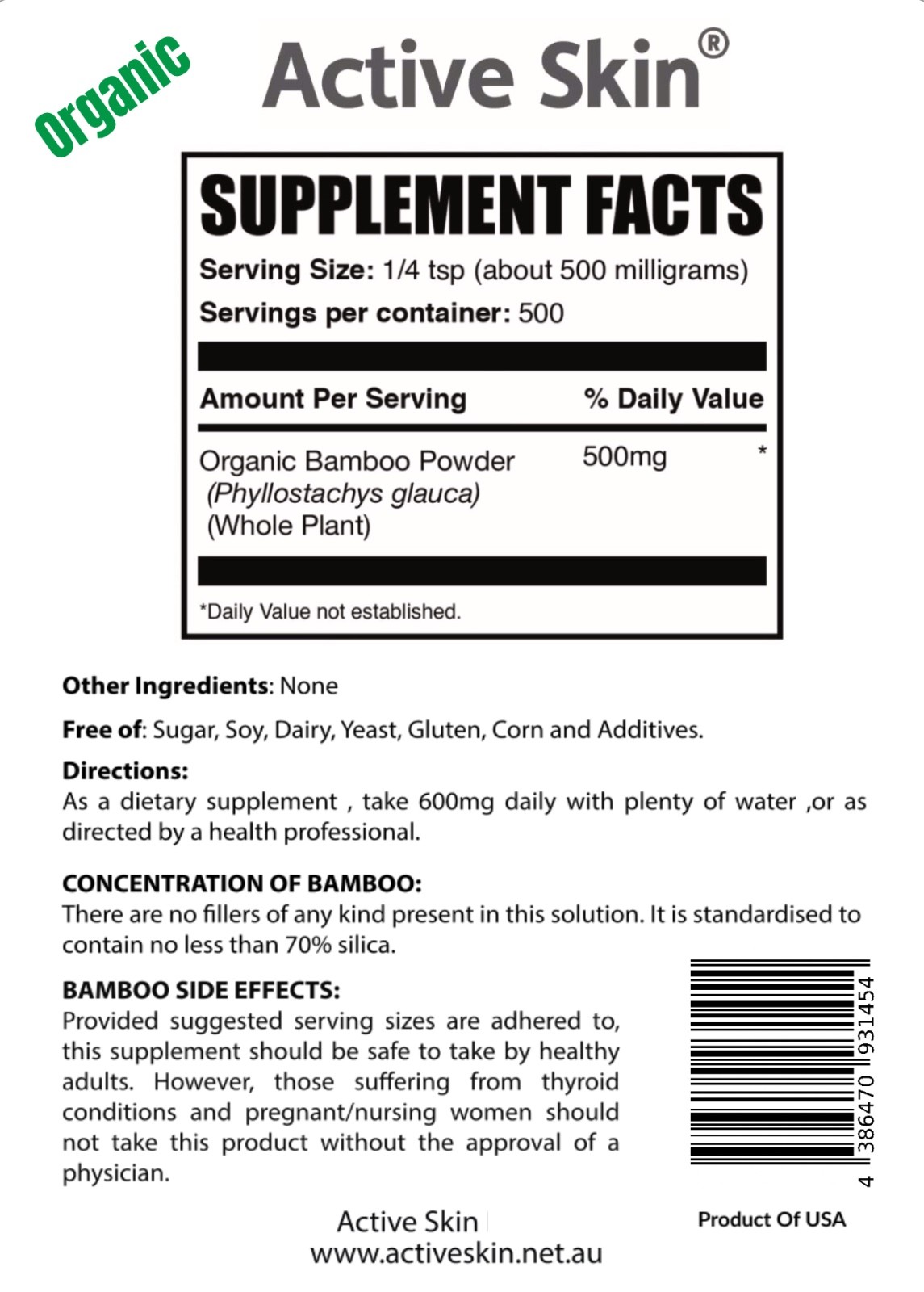 Active Skin Bamboo Extract Powder Natural Silica 70% Nutricosmetic Supplement