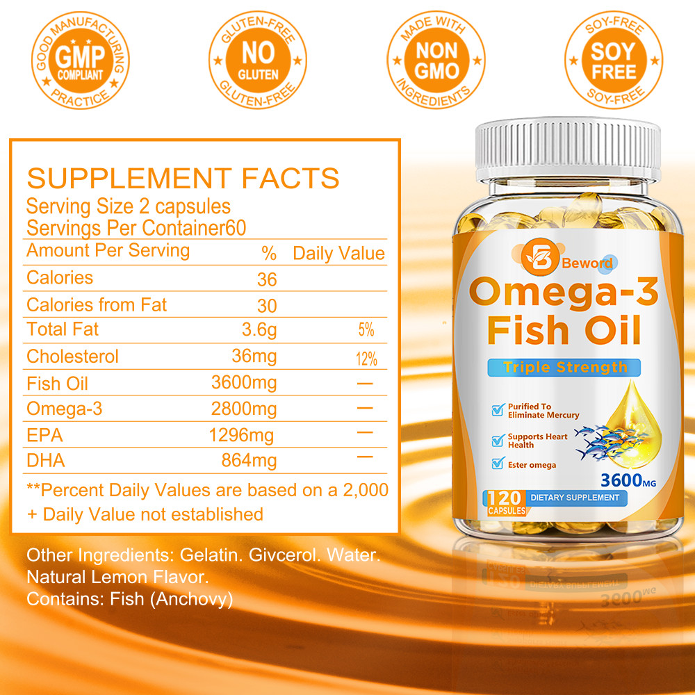 Omega 3 Fish Oil Capsules 3x Strength 3600mg EPA & DHA, Highest Potency