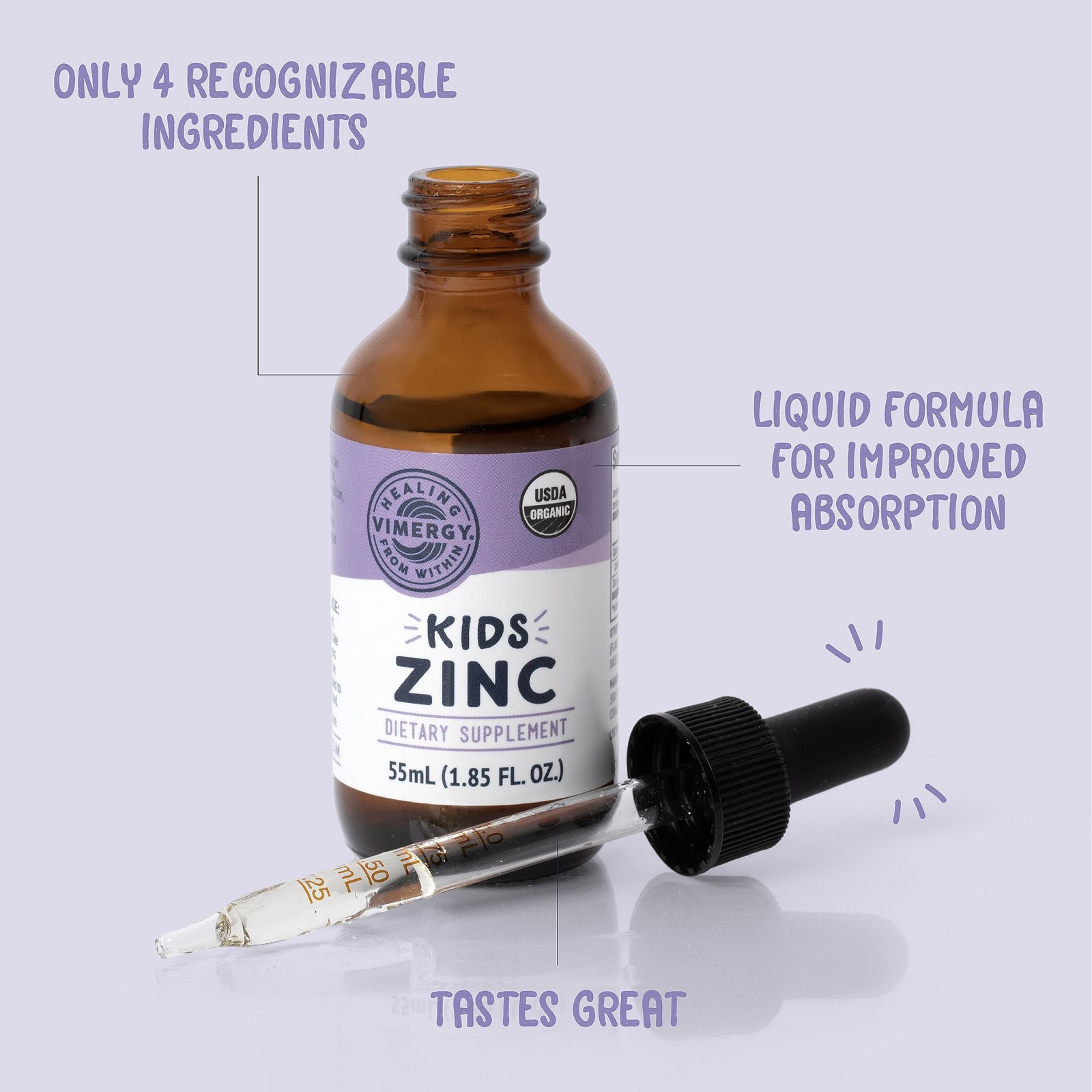 VIMERGY Kids USDA Organic Liquid Zinc Sulfate – for Children Adolescence 1-1…