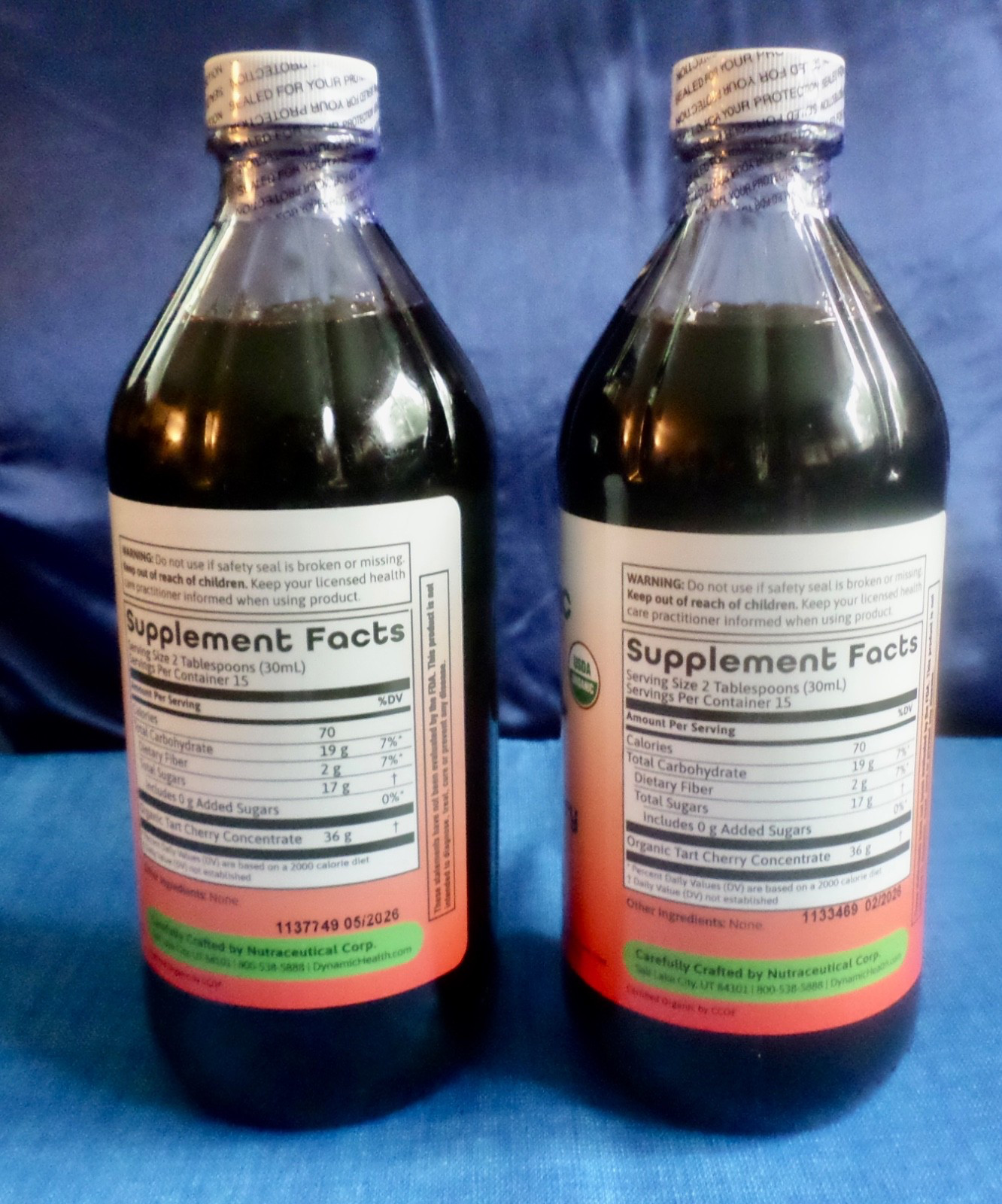 2 PACK Dynamic Health Certified Organic Tart Cherry Juice Concentrate 16oz ea.
