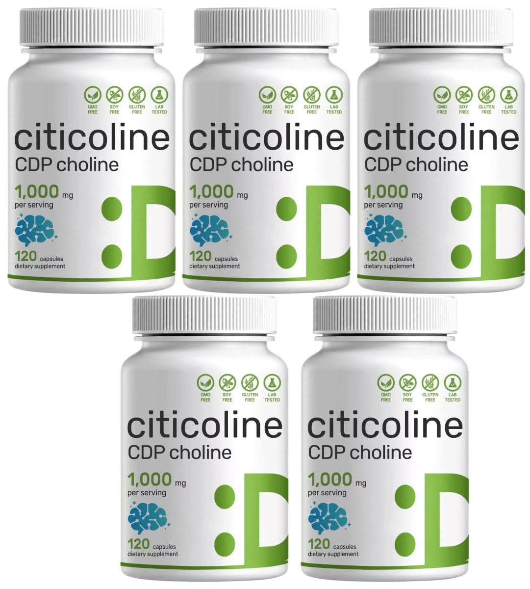 Citicoline CDP Choline 1000mg 5X120 Caps supports Brain Cognitive Function